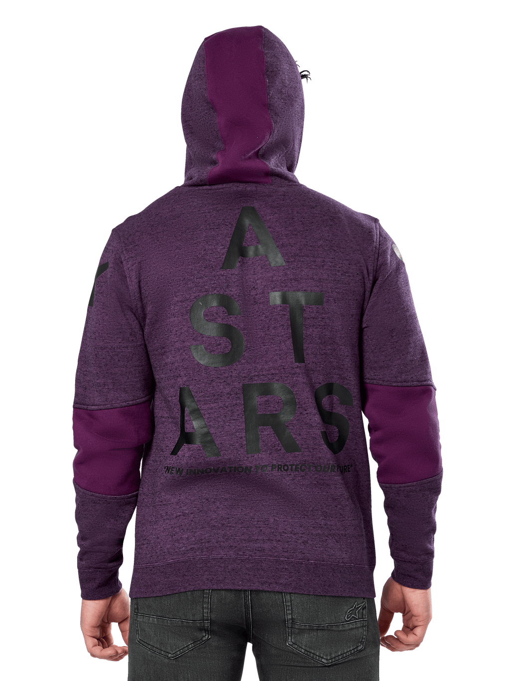 Sweat à capuche Alpinestars Perpetuate, molleton violet chiné, vue de dos avec grand graphisme noir « ASTARS » et texte « NEW INNOVATION TO PROTECT OUR FUTURE », empiècements en tissu violet uni sur les manches et la capuche, design décontracté inspiré du motorsport
