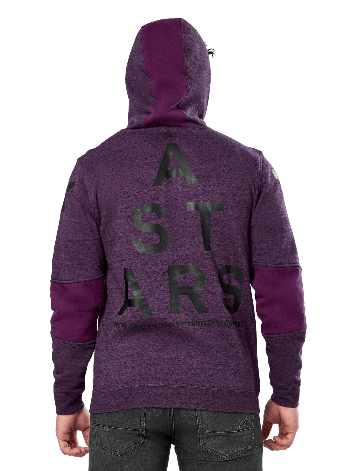 Sweat à capuche Alpinestars Perpetuate, molleton violet chiné, vue de dos avec grand graphisme noir « ASTARS » et texte « NEW INNOVATION TO PROTECT OUR FUTURE », empiècements en tissu violet uni sur les manches et la capuche, design décontracté inspiré du motorsport
