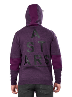 Sweat à capuche Alpinestars Perpetuate, molleton violet chiné, vue de dos avec grand graphisme noir « ASTARS » et texte « NEW INNOVATION TO PROTECT OUR FUTURE », empiècements en tissu violet uni sur les manches et la capuche, design décontracté inspiré du motorsport
