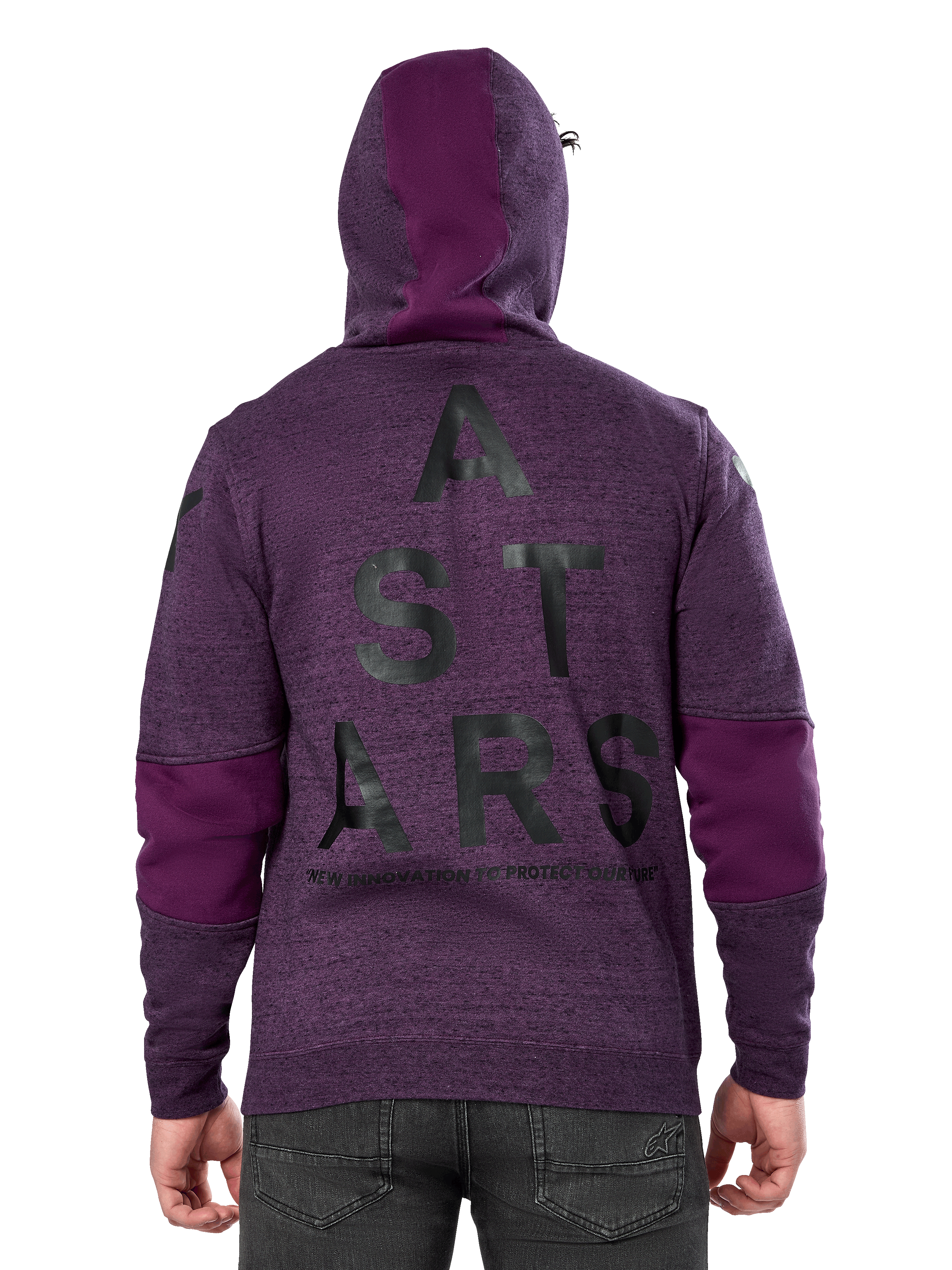Sweat à capuche Alpinestars Perpetuate, molleton violet chiné, vue de dos avec grand graphisme noir « ASTARS » et texte « NEW INNOVATION TO PROTECT OUR FUTURE », empiècements en tissu violet uni sur les manches et la capuche, design décontracté inspiré du motorsport