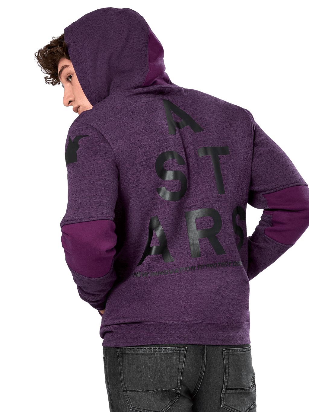 Sweat à capuche Alpinestars Perpetuate, molleton chiné violet, vue de dos avec grand graphique noir « A STARS » et empiècements violet foncé aux coudes et sur la capuche, streetwear décontracté inspiré du sport automobile