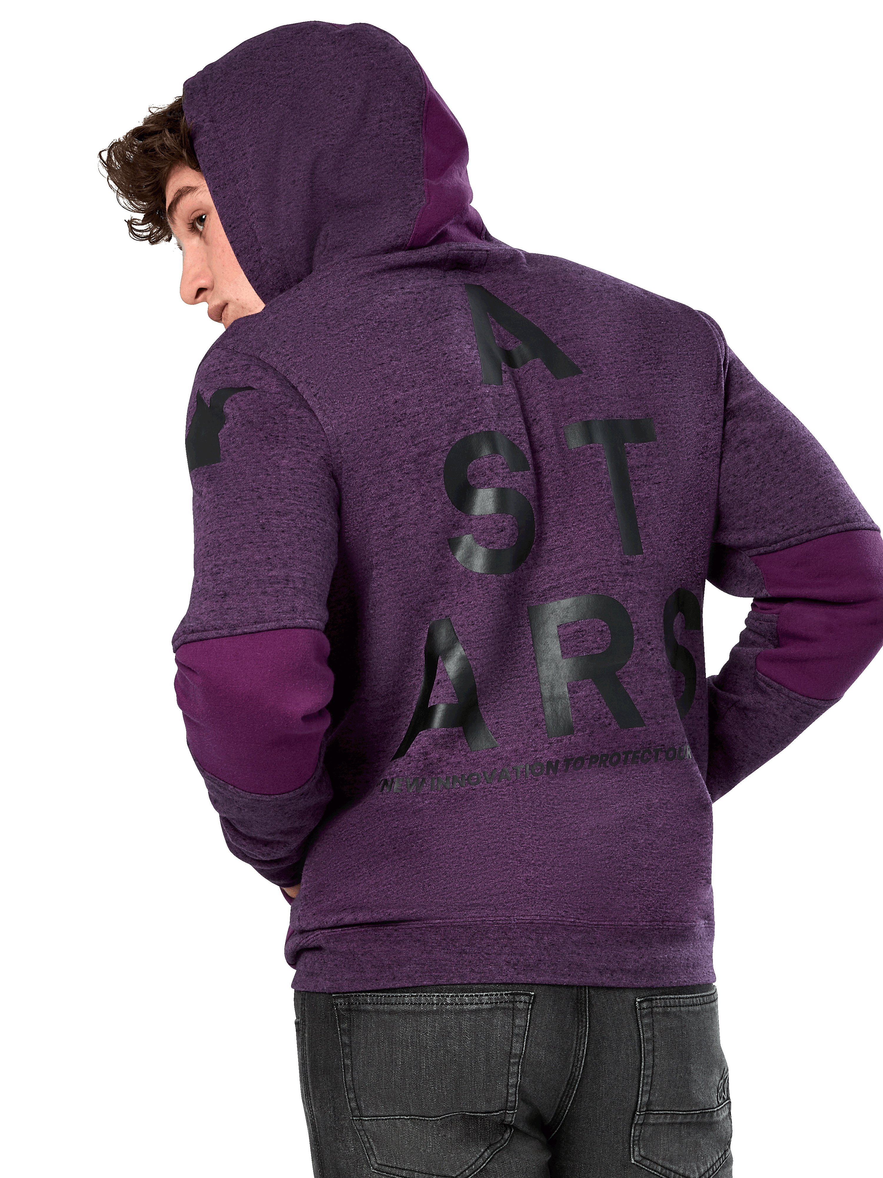 Sweat à capuche Alpinestars Perpetuate, molleton chiné violet, vue de dos avec grand graphique noir « A STARS » et empiècements violet foncé aux coudes et sur la capuche, streetwear décontracté inspiré du sport automobile
