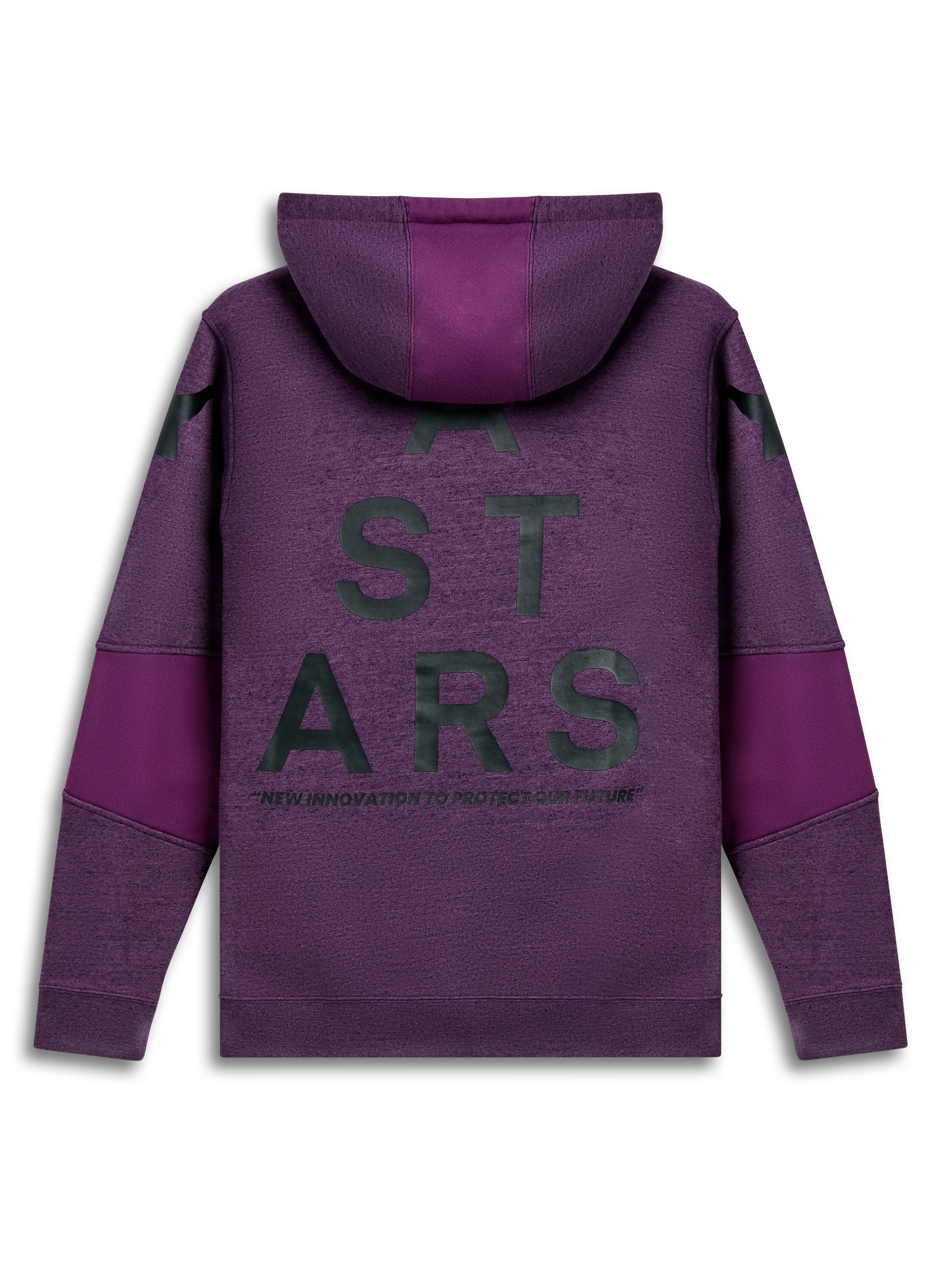 Alpinestars Perpetuate Hoodie, purple sportswear pullover hoodie, back view showing back type graphic and fabric blocking details