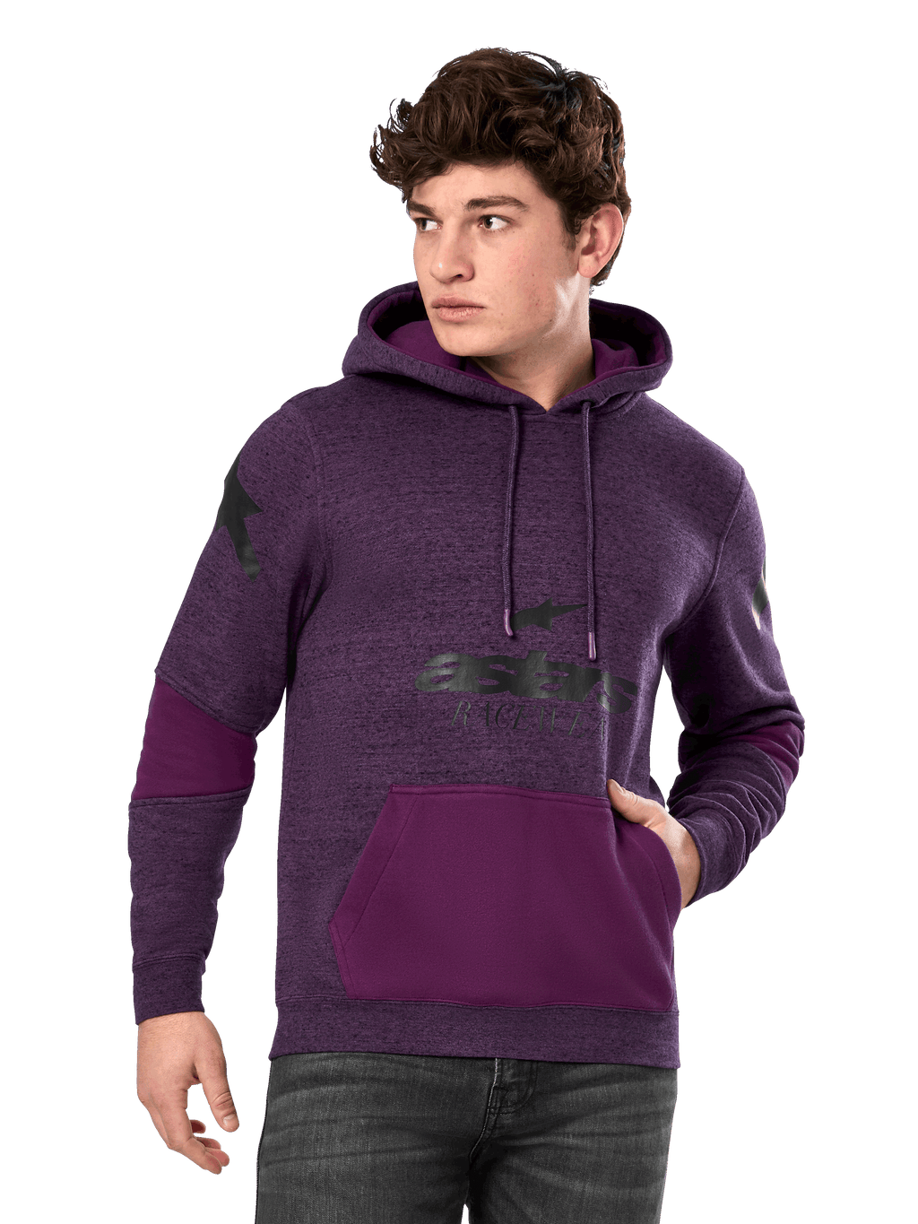 Alpinestars Perpetuate Hoodie, violet chiné et violet foncé, sweat à capuche en molleton pour homme, graphismes logo noirs, poche kangourou, streetwear décontracté inspiré du sport automobile