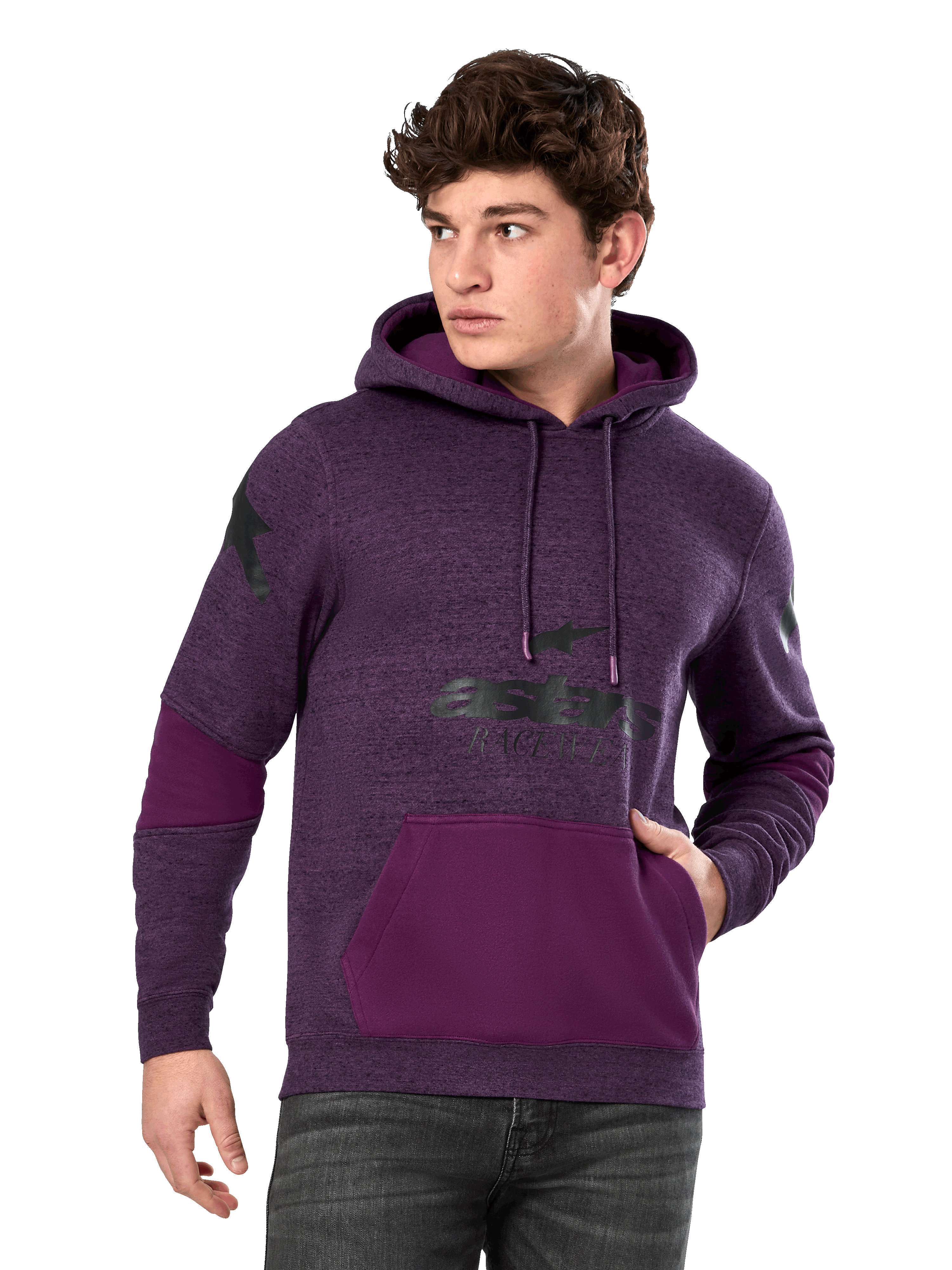 Alpinestars Perpetuate Hoodie, violet chiné et violet foncé, sweat à capuche en molleton pour homme, graphismes logo noirs, poche kangourou, streetwear décontracté inspiré du sport automobile
