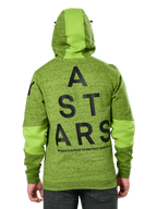 Sweat à capuche Alpinestars Perpetuate, vue de dos, molleton chiné vert lime avec empiècements de tissu vert uni sur la capuche et les manches, grand graphique ASTARS noir au dos, streetwear décontracté inspiré du sport automobile