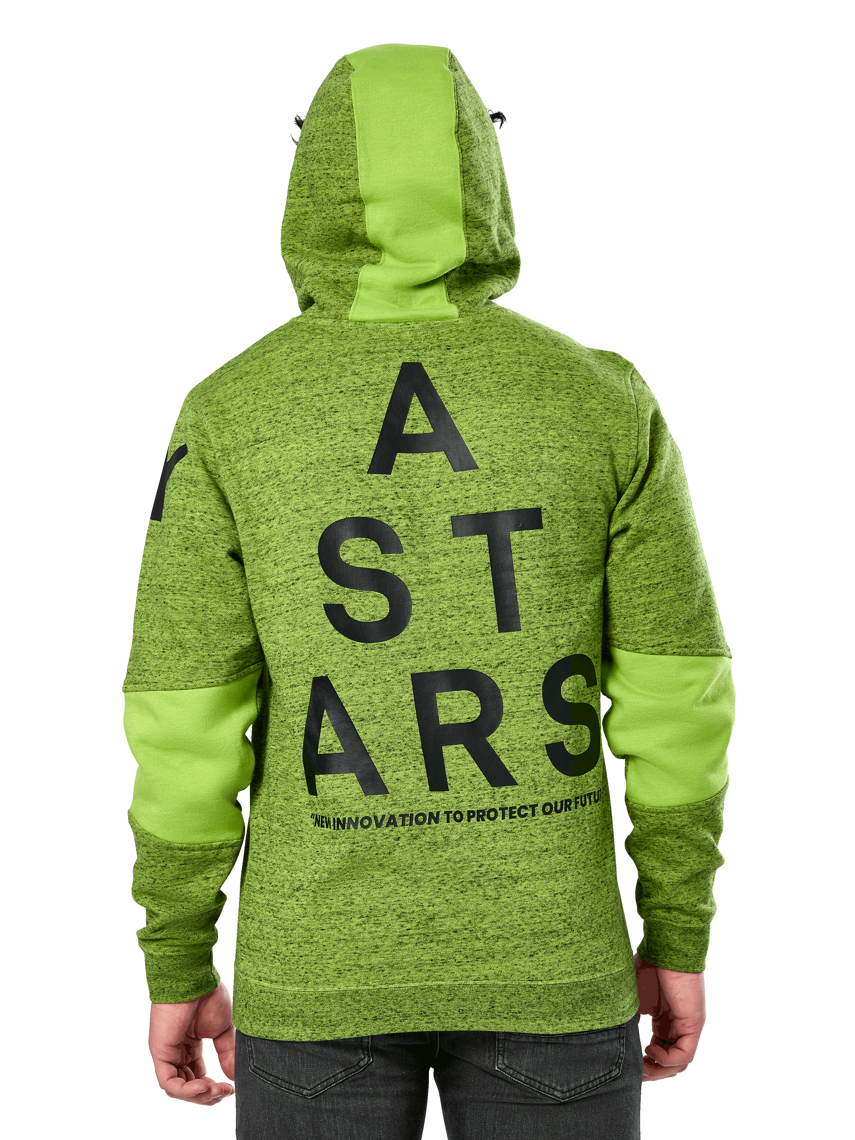 Sweat à capuche Alpinestars Perpetuate, vue de dos, molleton chiné vert lime avec empiècements de tissu vert uni sur la capuche et les manches, grand graphique ASTARS noir au dos, streetwear décontracté inspiré du sport automobile