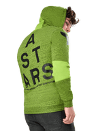 Sweat à capuche Alpinestars Perpetuate, sportswear décontracté, molleton chiné vert citron, vue arrière avec grand graphique vertical ASTARS noir au dos et logo sur l'épaule, blocs de tissu sur les manches, capuche avec cordon de serrage, streetwear moderne inspiré des sports mécaniques.