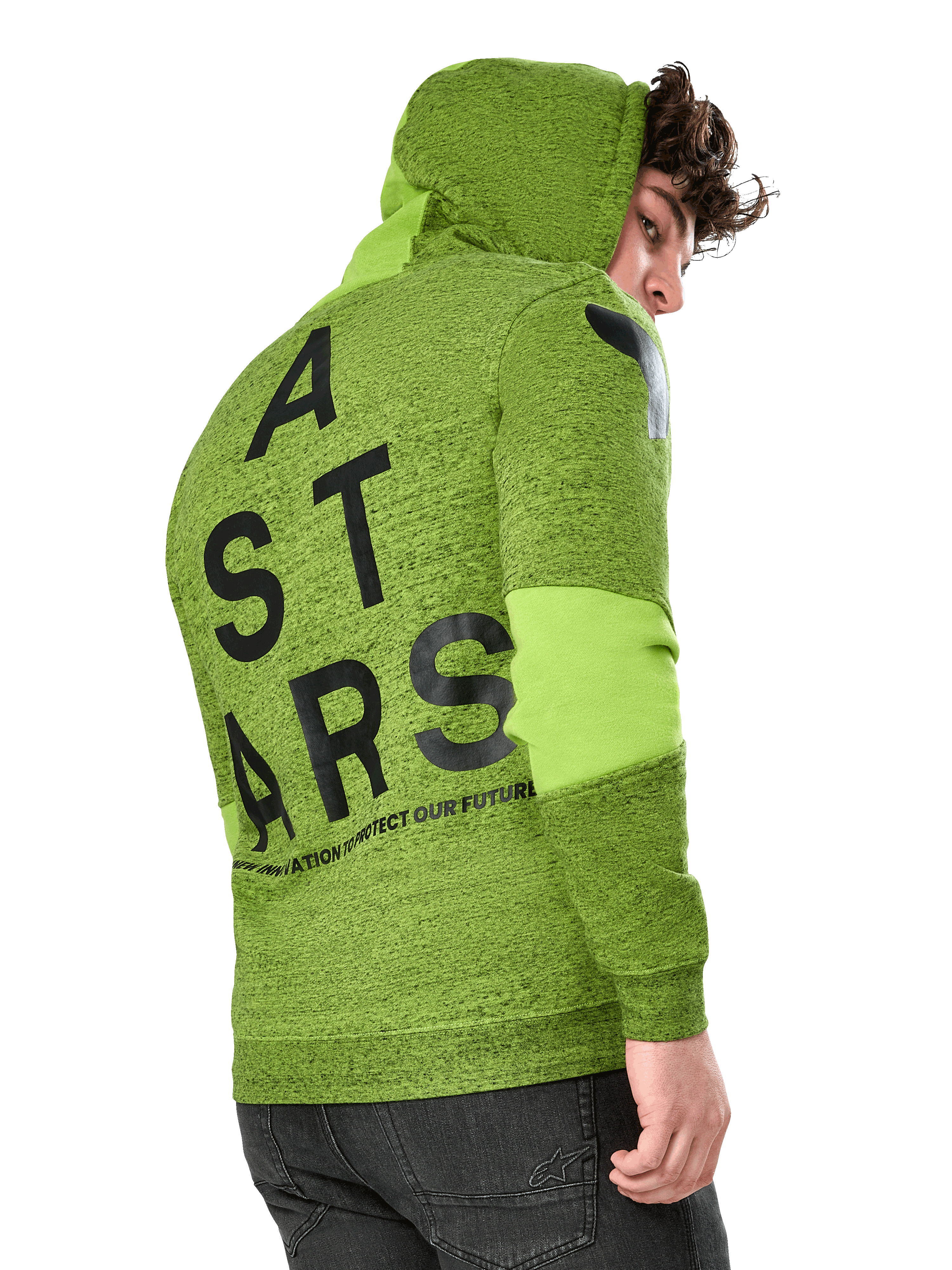 Sweat à capuche Alpinestars Perpetuate, sportswear décontracté, molleton chiné vert citron, vue arrière avec grand graphique vertical ASTARS noir au dos et logo sur l'épaule, blocs de tissu sur les manches, capuche avec cordon de serrage, streetwear moderne inspiré des sports mécaniques.