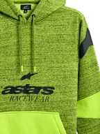 Sweat à capuche Alpinestars Perpetuate, pullover vert lime chiné avec graphique noir 'astars RACEWEAR', poche kangourou vert lime uni avec empiècements de tissu, capuche à cordon de serrage et logo sur l'épaule, vêtement de sport décontracté inspiré du sport automobile.