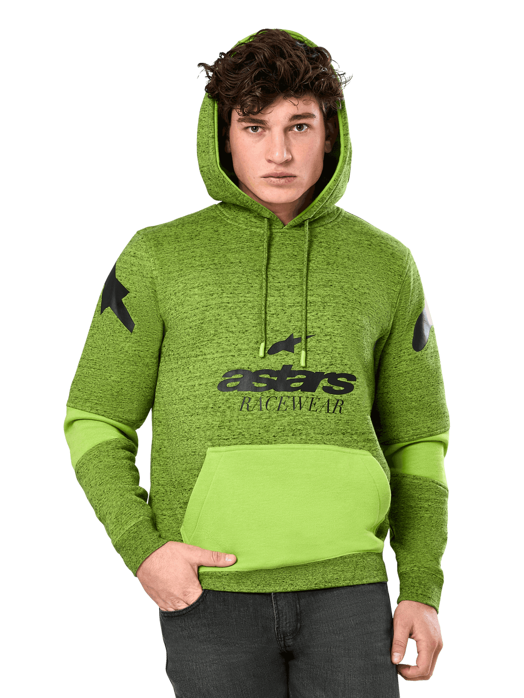 Alpinestars Perpetuate Hoodie, sweat à capuche pour homme vert chiné et lime, doté d'empiècements vert citron vif sur la poche kangourou et les manches, graphisme noir « astars RACEWEAR » sur la poitrine et logos étoiles sur les épaules, streetwear motorsport décontracté