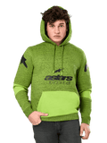 Alpinestars Perpetuate Hoodie, sweat à capuche pour homme vert chiné et lime, doté d'empiècements vert citron vif sur la poche kangourou et les manches, graphisme noir « astars RACEWEAR » sur la poitrine et logos étoiles sur les épaules, streetwear motorsport décontracté