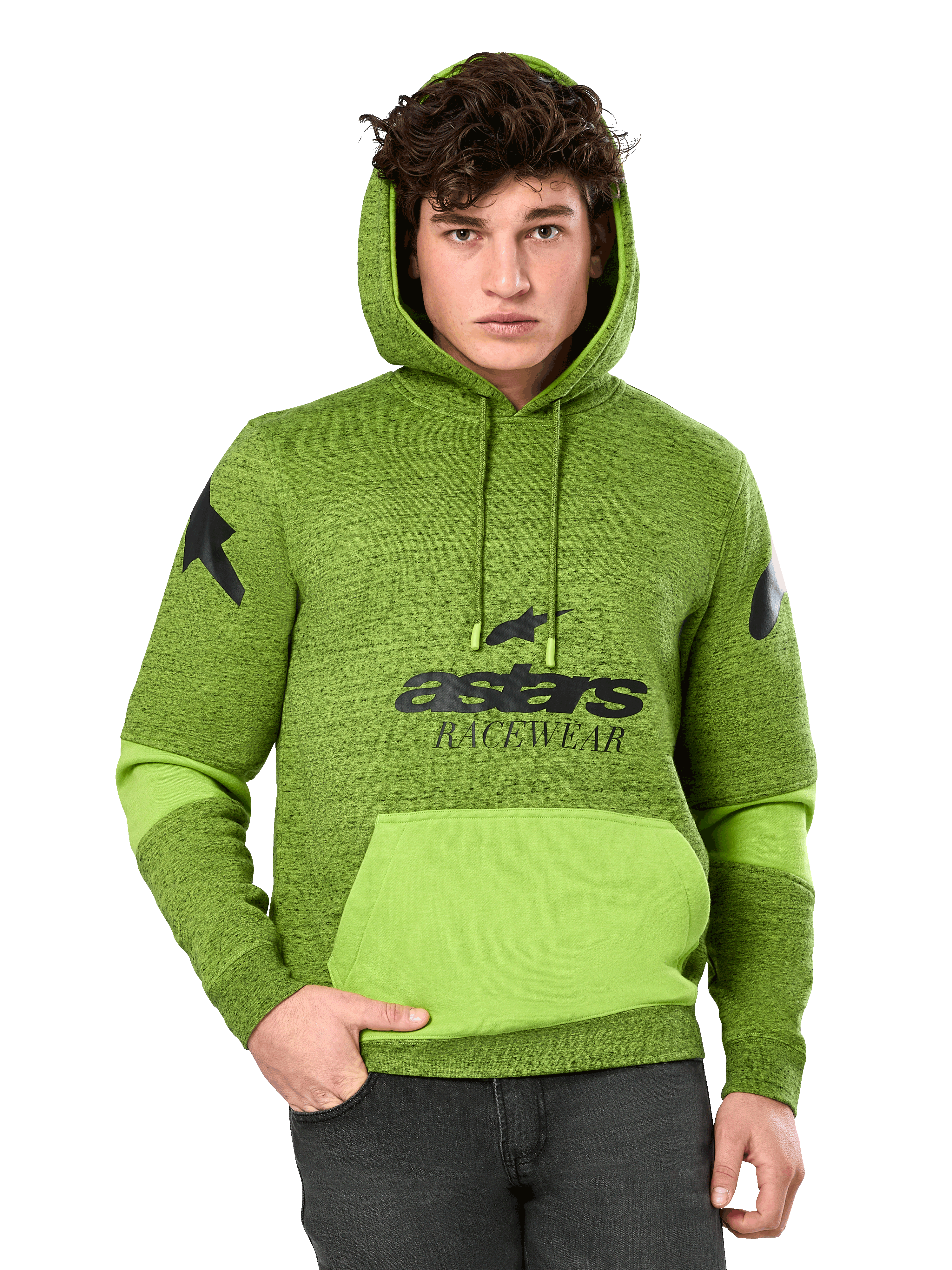 Alpinestars Perpetuate Hoodie, Men's Heather Green and Lime Pullover, featuring bright lime green color blocking on the kangaroo pocket and sleeves, black 'astars RACEWEAR' graphic on the chest and star logos on the shoulders, casual motorsport streetwear