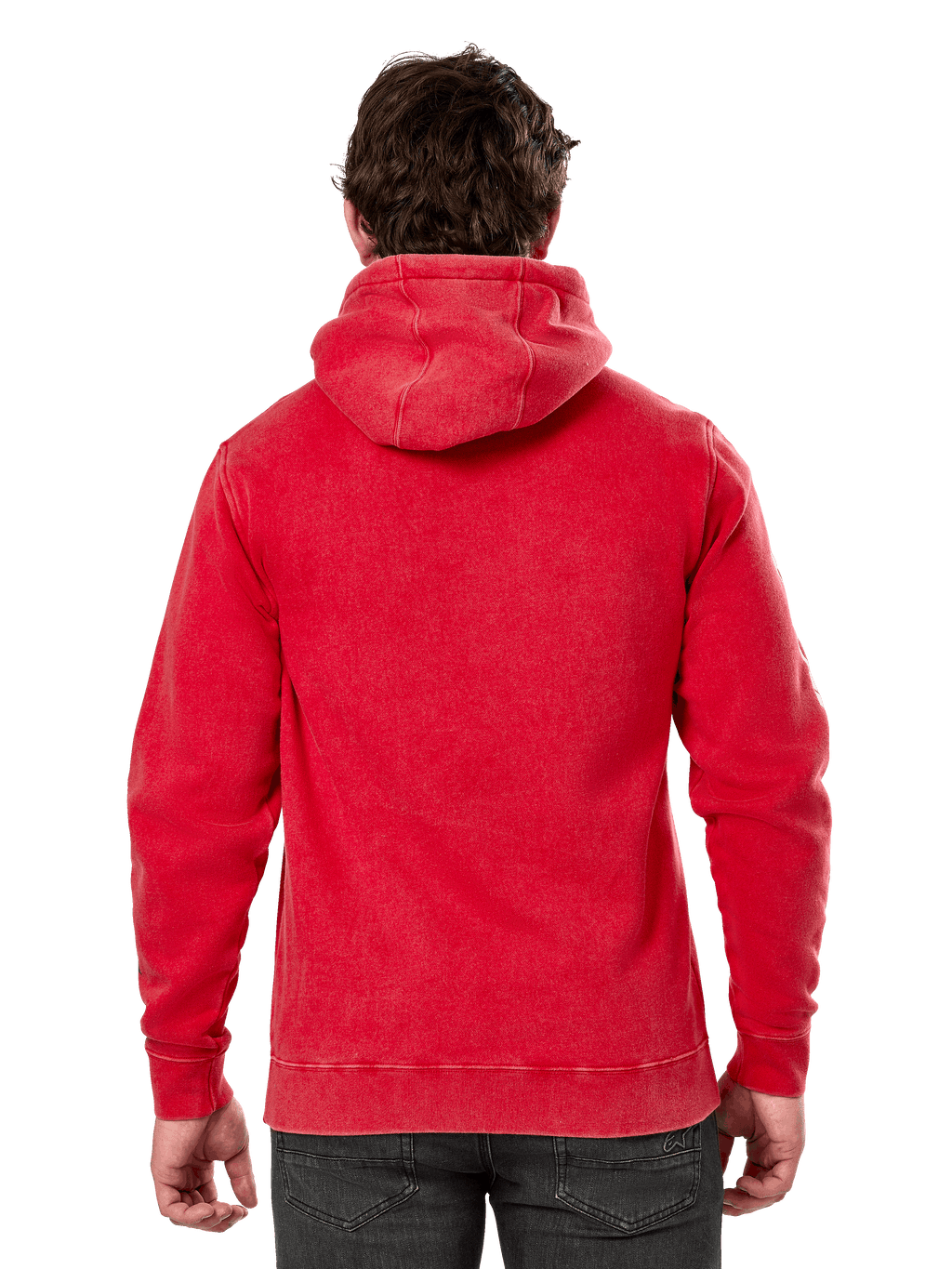 Sweat à capuche Alpinestars Unbound, vue de dos d'un pull en polaire rouge teint en vêtement, streetwear décontracté, avec poignets et ourlet côtelés, capuche doublée, porté avec un pantalon sombre