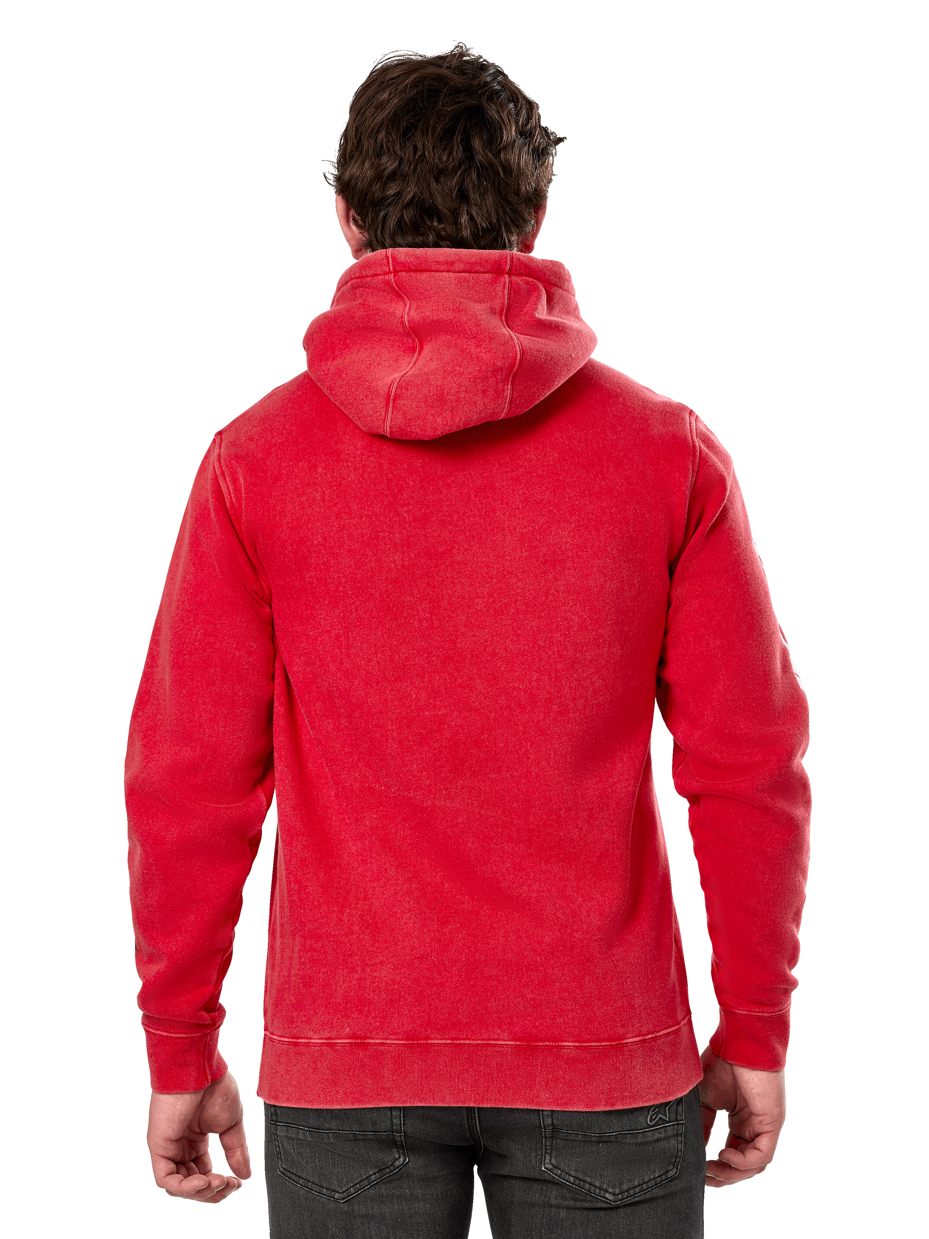 Sweat à capuche Alpinestars Unbound, vue de dos d'un pull en polaire rouge teint en vêtement, streetwear décontracté, avec poignets et ourlet côtelés, capuche doublée, porté avec un pantalon sombre