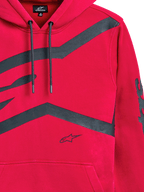 Sweat à capuche Alpinestars Unbound, rouge, gros plan sur la poitrine et la manche avec de grands logos graphiques gris foncé, capuche à cordon de serrage, poche kangourou, streetwear décontracté inspiré du sport automobile