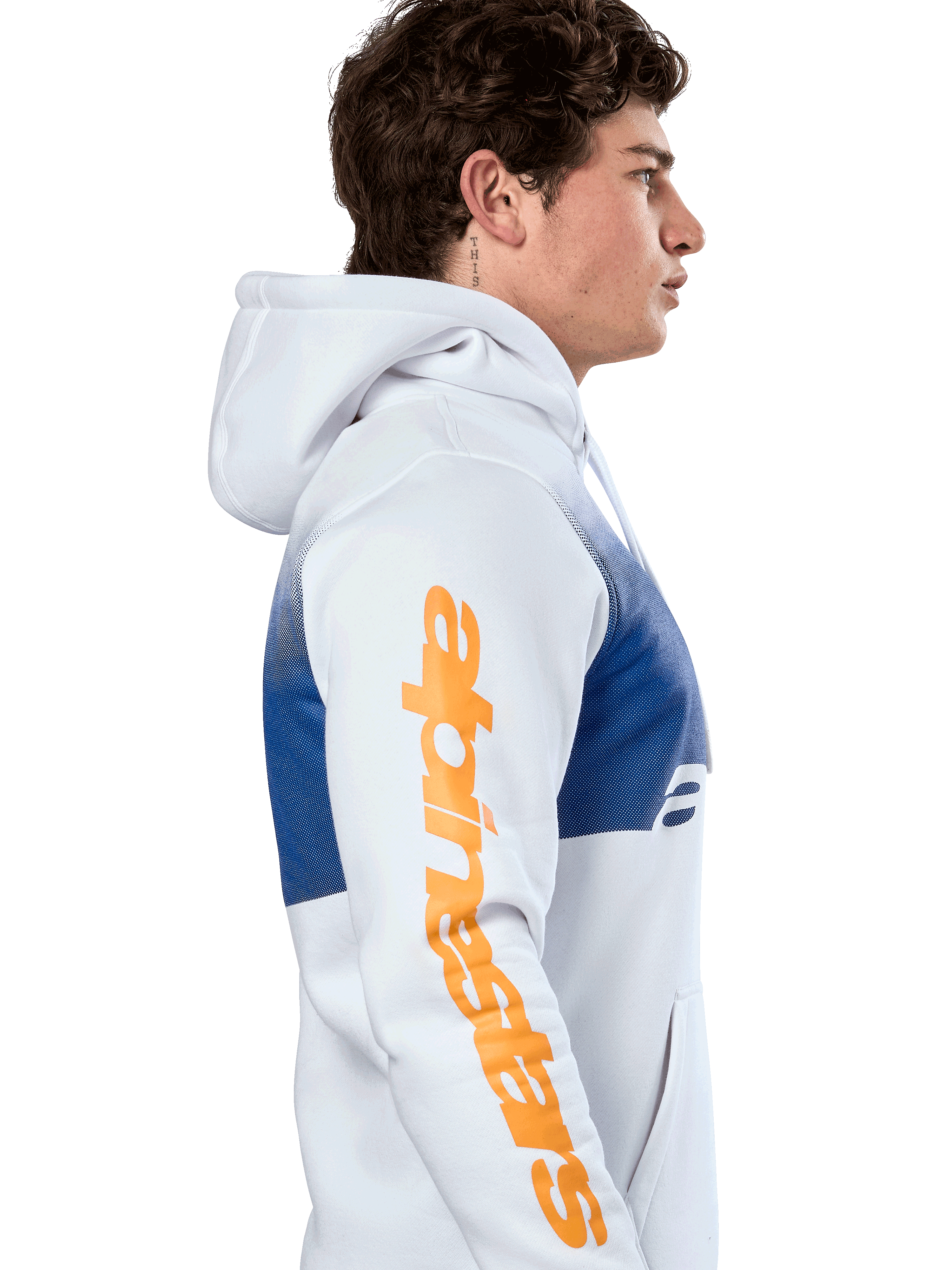Alpinestars Specter Hoodie, casual streetwear, white with blue gradation fade print, large orange Alpinestars wordmark on sleeve, side profile of man wearing pullover hoodie