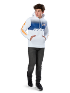Alpinestars Specter Hoodie, White pullover fleece with blue gradation fade print, orange HD front logo and sleeve wordmarks, featuring a kangaroo pocket and drawstring hood, worn with dark jeans for a casual motorsport-inspired look