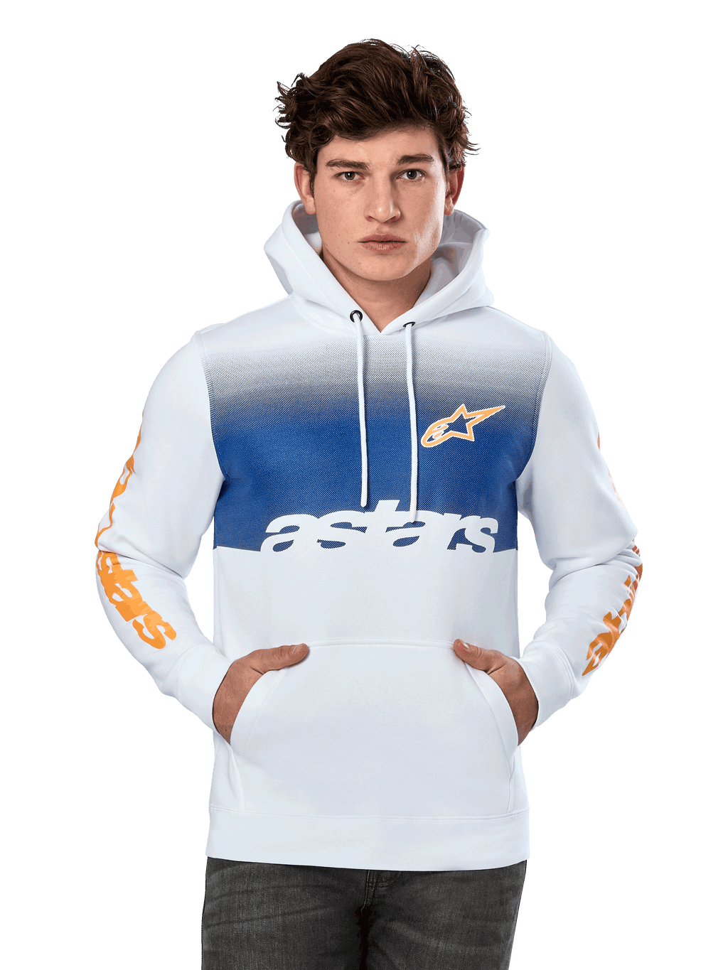 Alpinestars Specter Hoodie, White with blue gradient chest panel, featuring orange star logo and sleeve wordmarks, white astars text, front kangaroo pocket, drawstring hood, casual motorsport streetwear