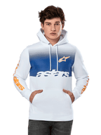 Alpinestars Specter Hoodie, White with blue gradient chest panel, featuring orange star logo and sleeve wordmarks, white astars text, front kangaroo pocket, drawstring hood, casual motorsport streetwear