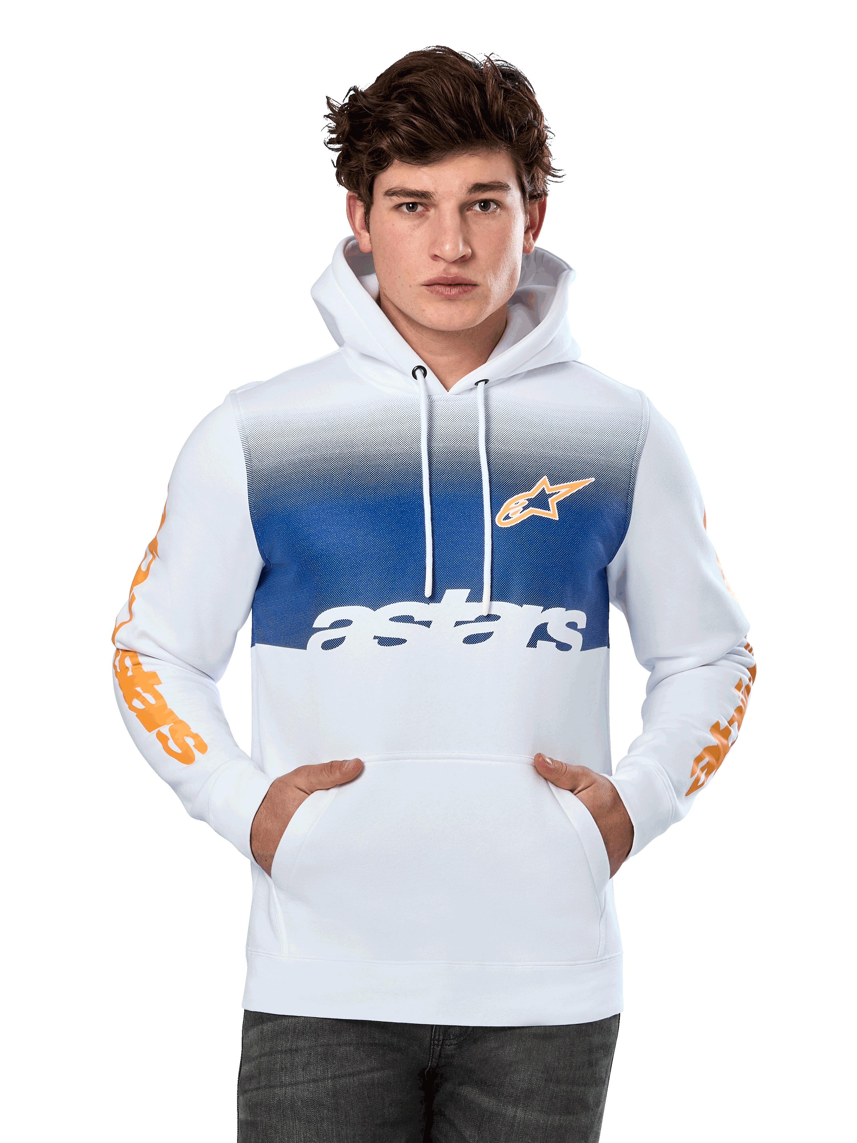 Alpinestars Specter Hoodie, sweat à capuche blanc avec empiècement poitrine dégradé bleu, logo étoile orange et marquages sur les manches, texte « astars » blanc, poche kangourou, capuche à cordon, style streetwear sport automobile
