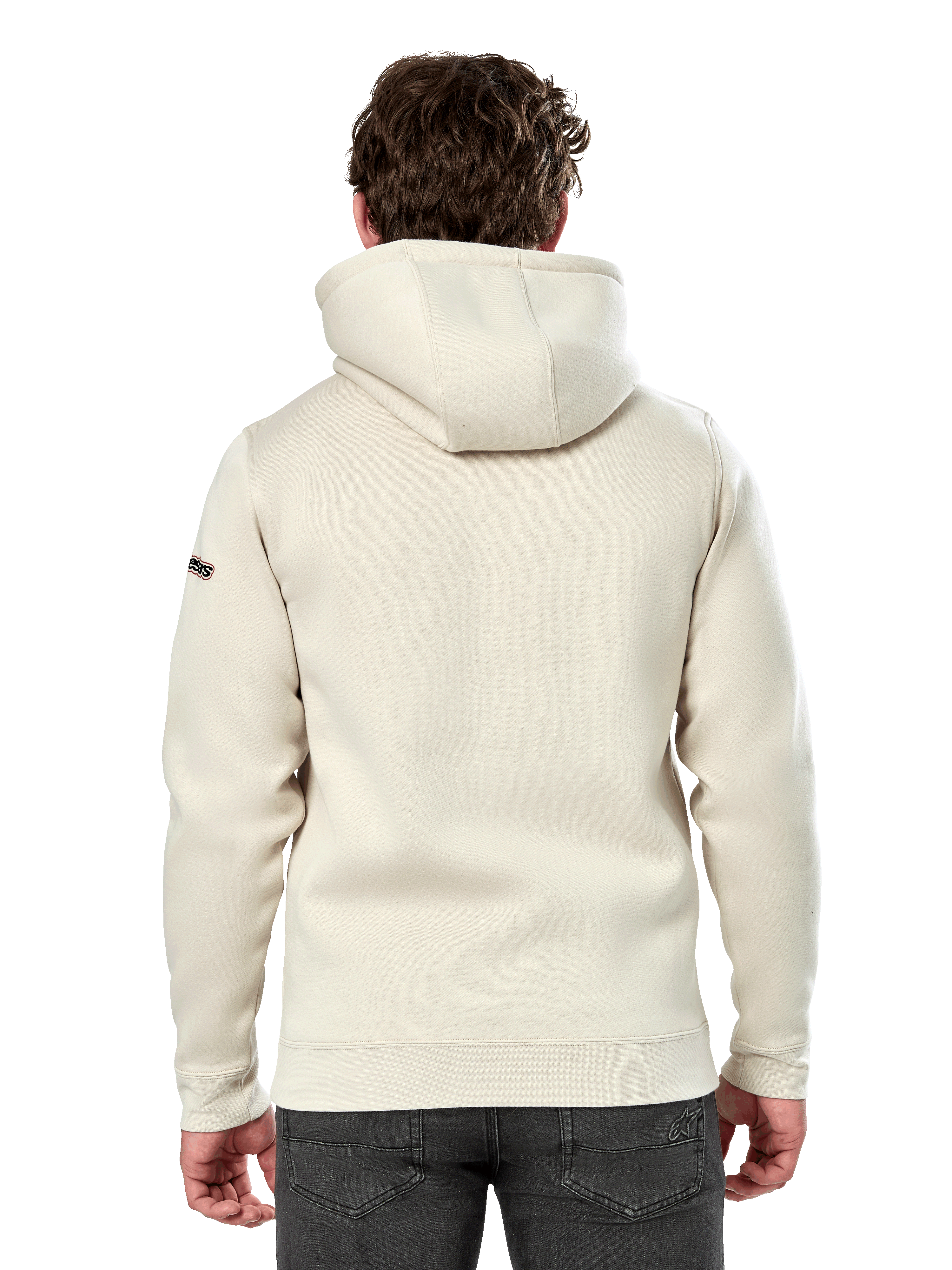 Sweat à capuche Alpinestars Insignia, vue de dos d'un homme portant un sweat décontracté en polaire, blanc cassé, doté d'une capuche doublée et de poignets côtelés, streetwear inspiré par le sport automobile