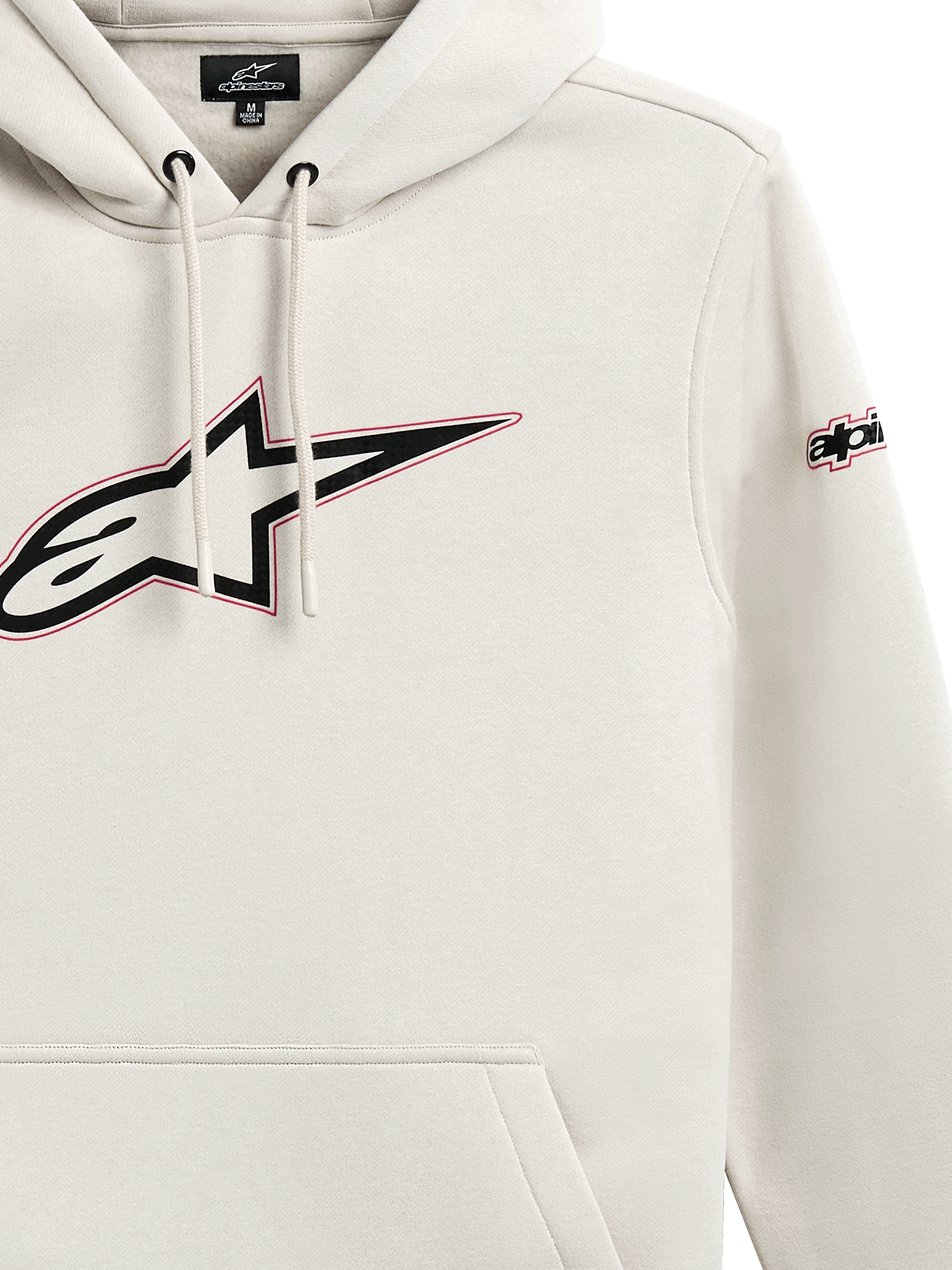 Sweat à capuche Alpinestars Insignia, polaire décontractée à enfiler, blanc cassé, grand logo Astars sur la poitrine avec contour rouge, marquage sur la manche, capuche à cordon de serrage, poche kangourou, design inspiré du sport automobile