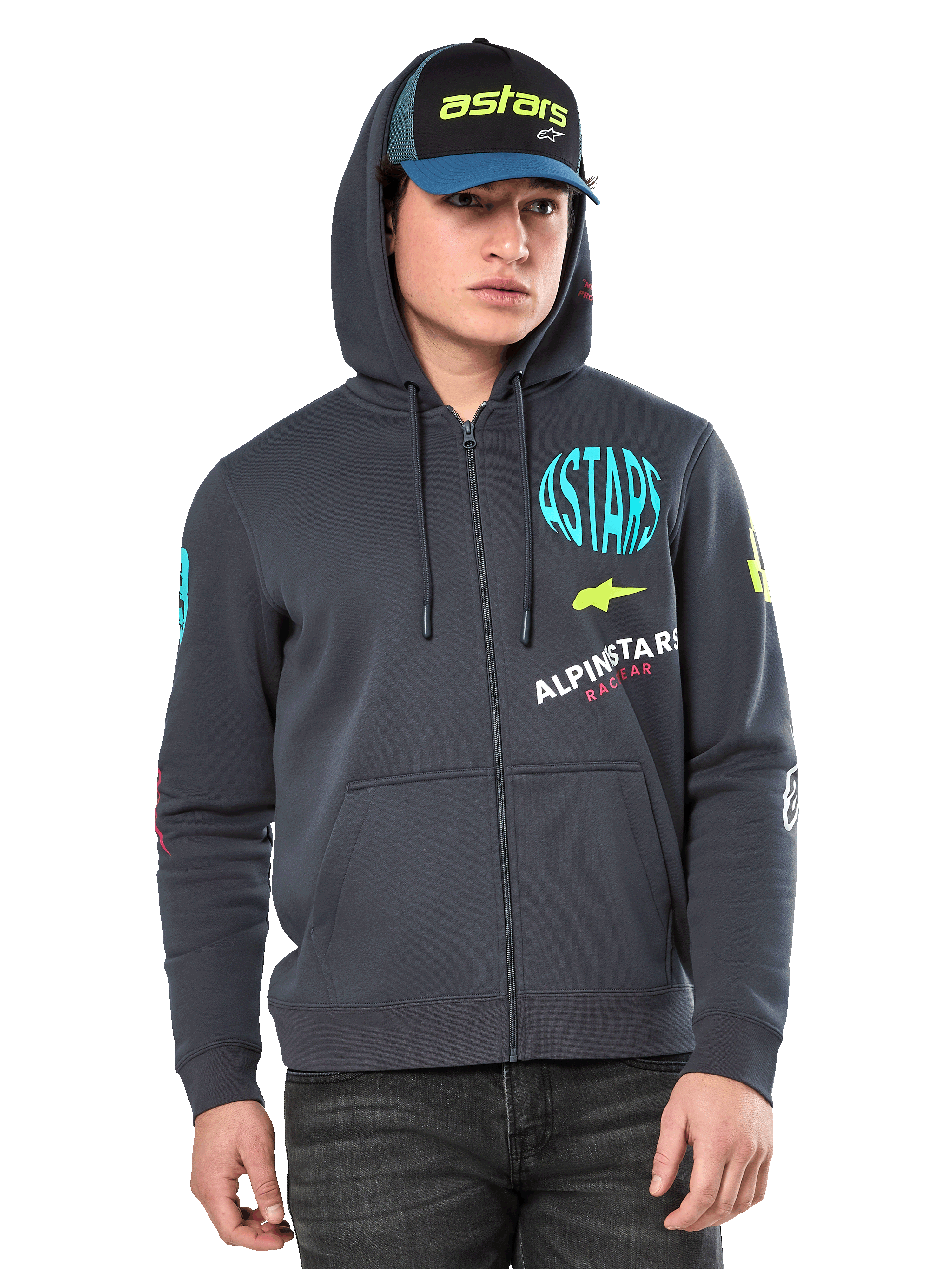 Alpinestars Variegate Hoodie, Zip-front fleece hoodie, Gunmetal gray with multi-color logo graphics on chest and sleeves, worn by model with matching cap, casual streetwear with kangaroo pockets and full-length zipper