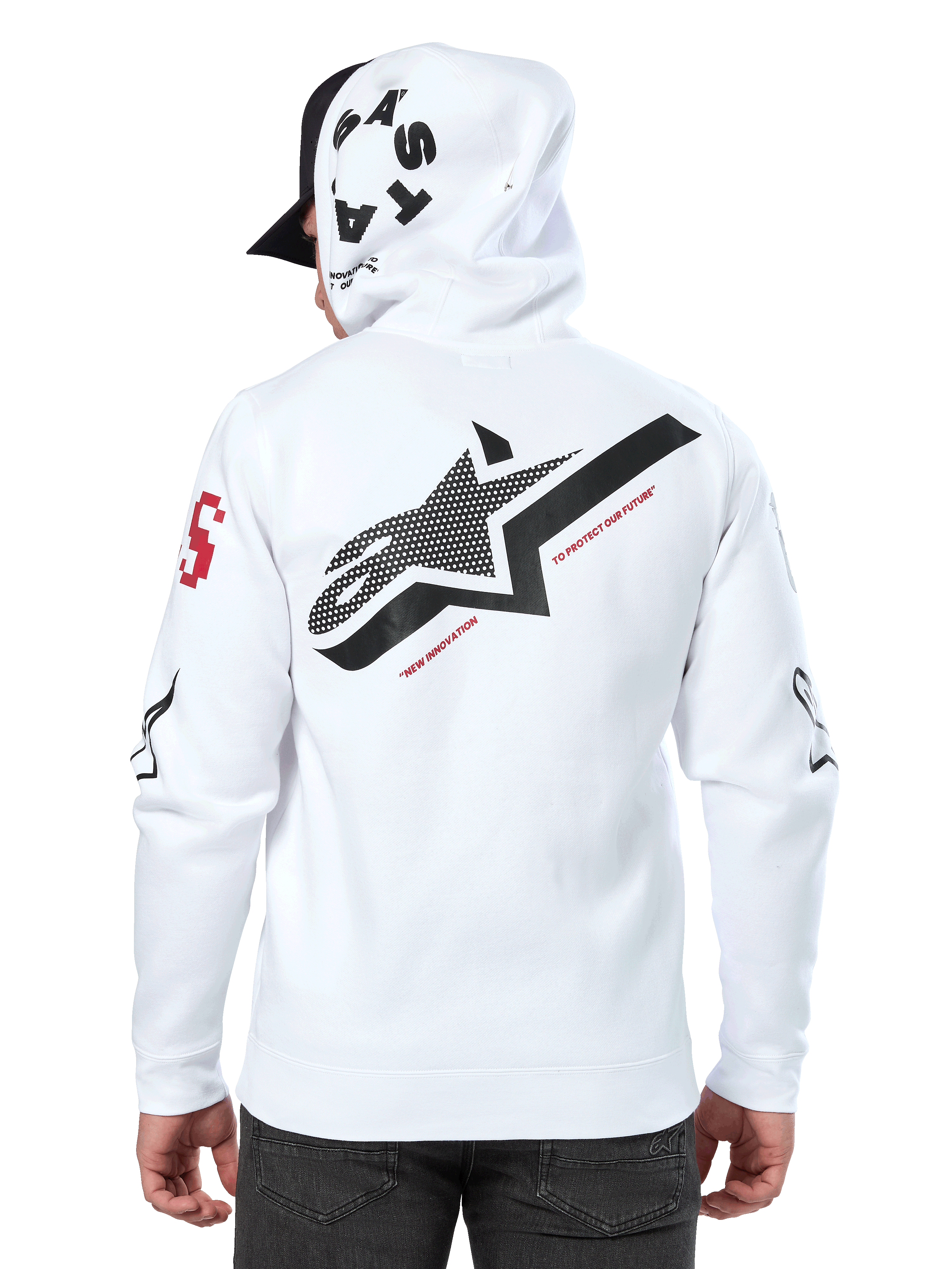 Alpinestars Variegate Hoodie, White, back view featuring a large black star logo with red text, multi-logo artwork on the sleeves and hood, casual motorsport streetwear