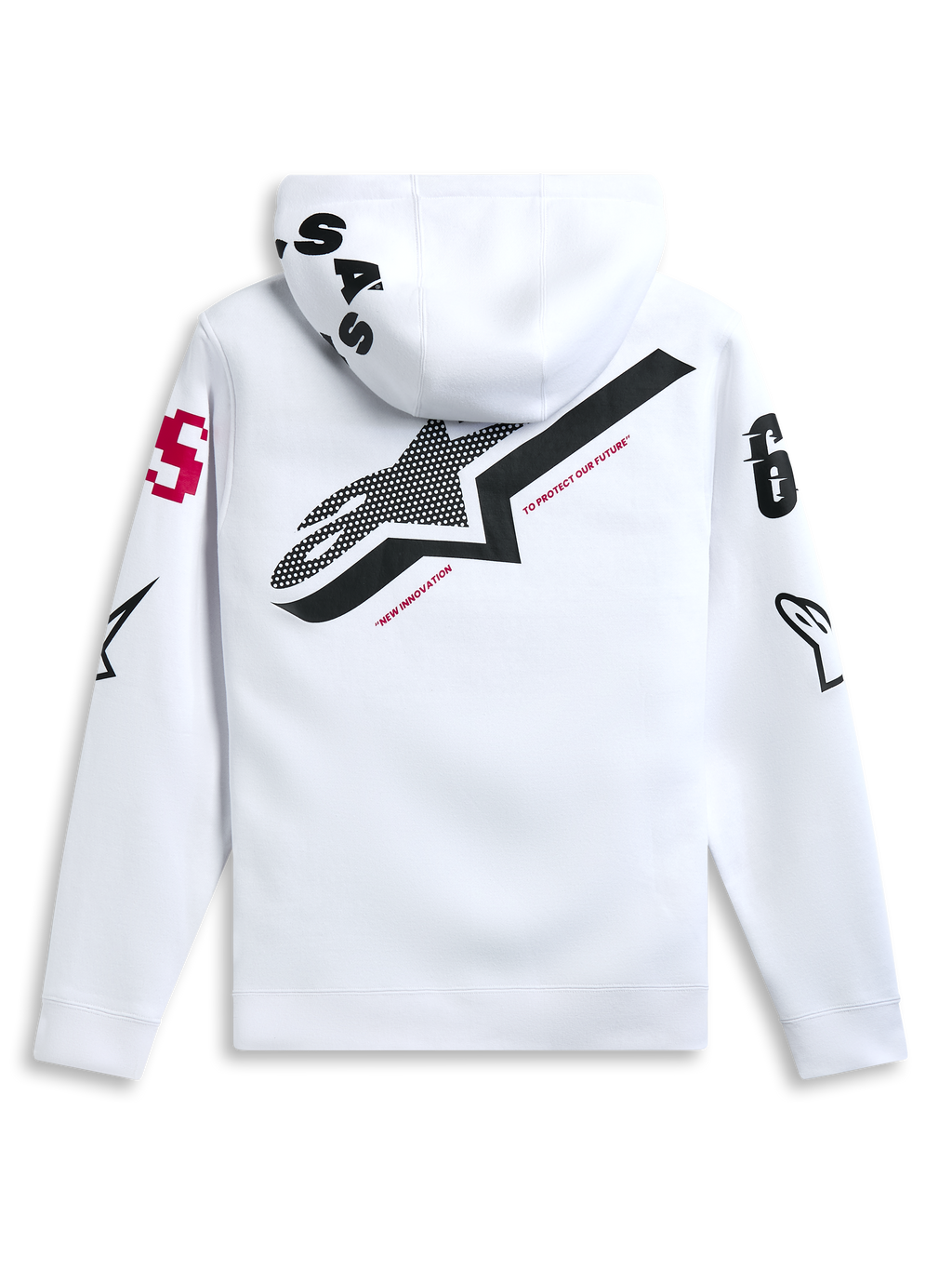 Alpinestars Variegate Hoodie, White, back view featuring large black star logo with red 'New Innovation' text, multi-logo artwork on sleeves and hood, casual motorsport-inspired streetwear