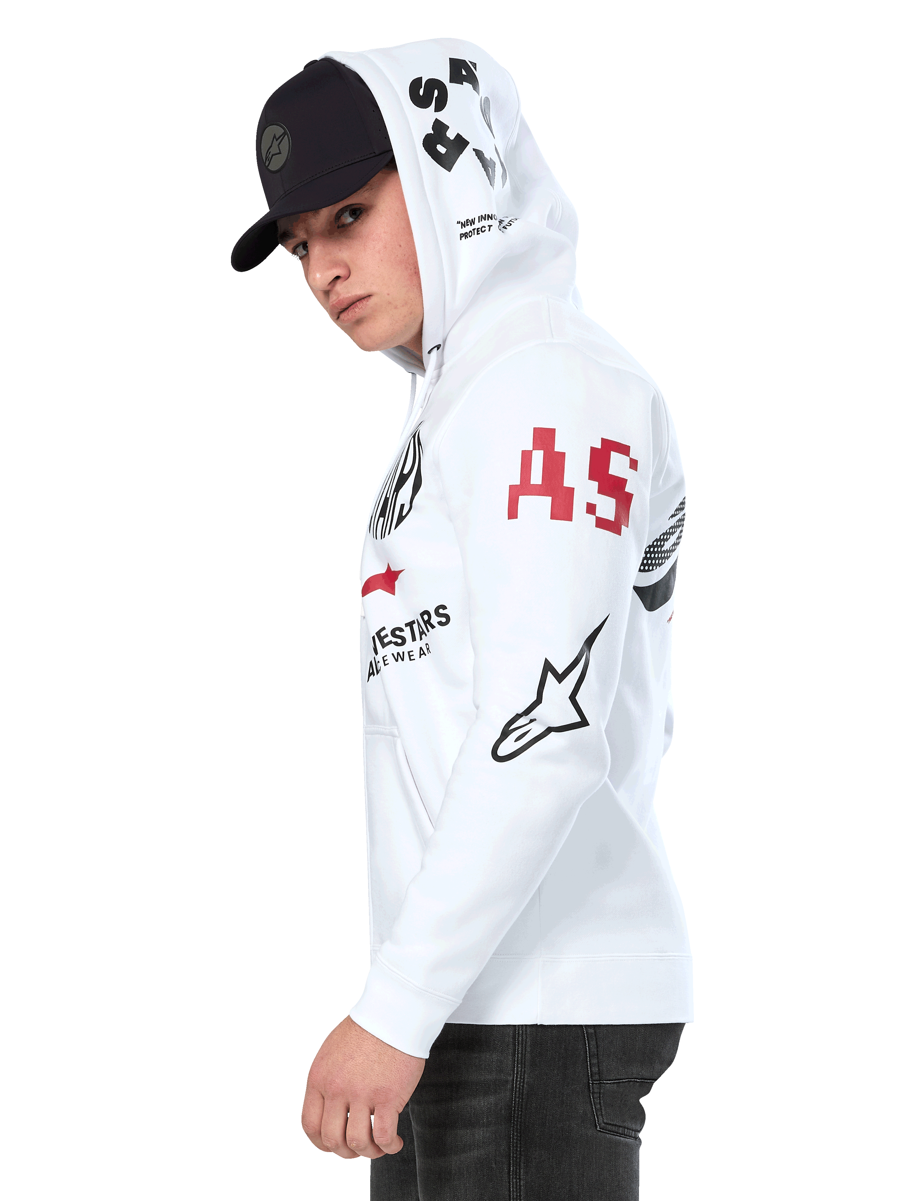Alpinestars Variegate Hoodie, White zip-front fleece hoodie, multi-logo artwork on the sleeves and hood featuring red 'AS' lettering and black star logo, worn by a man with a black cap, casual motorsport streetwear