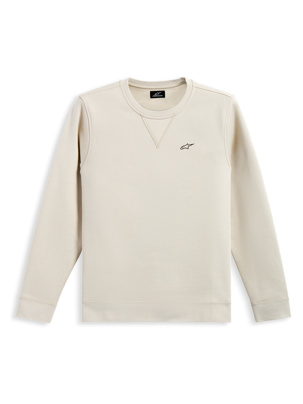 Alpinestars Positive Crew, sweat à col rond, blanc cassé, petit logo Alpinestars noir sur la poitrine, col côtelé avec détail de couture en V, poignets et ourlet côtelés, streetwear décontracté inspiré des sports mécaniques