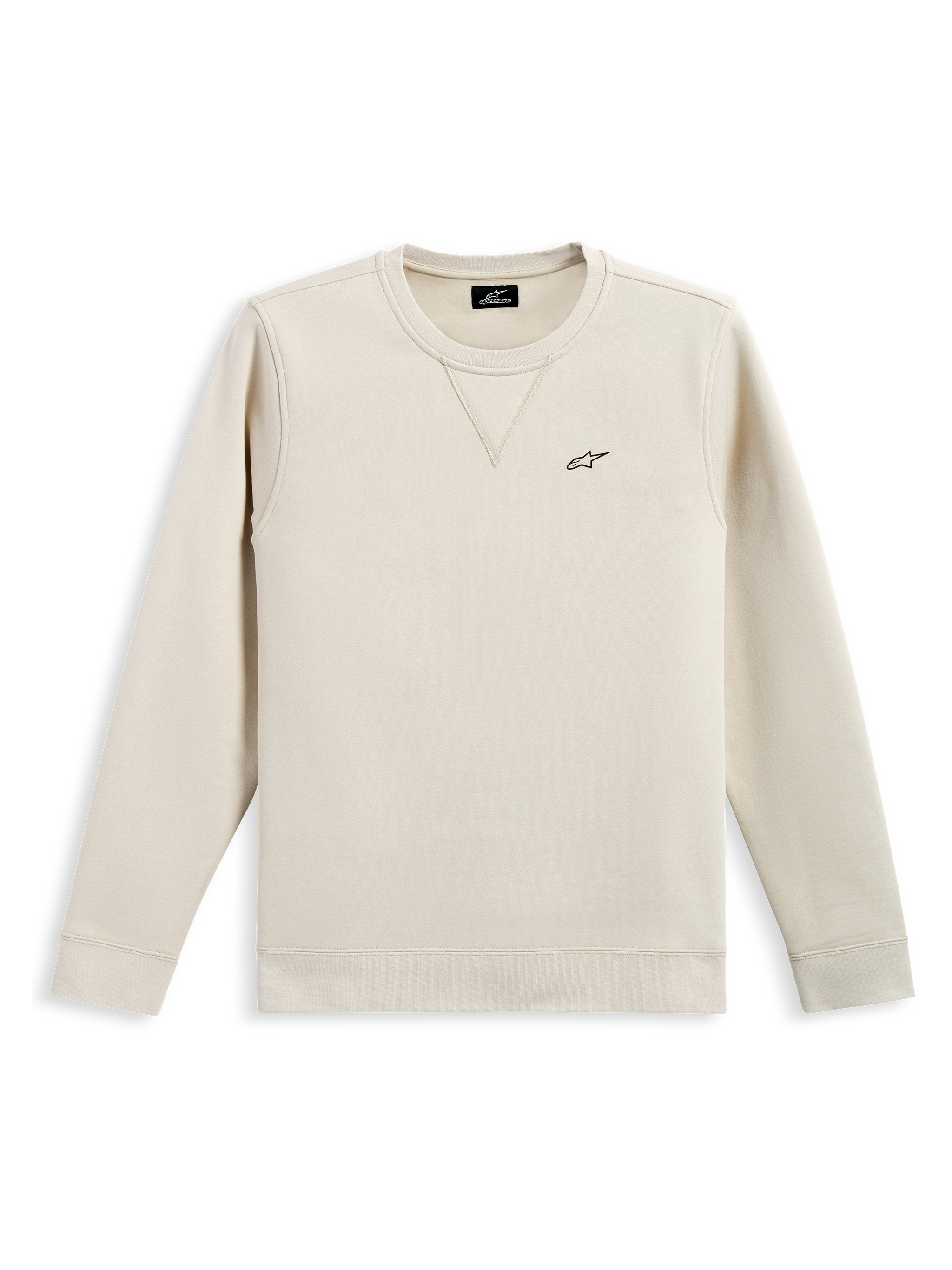 Alpinestars Positive Crew, sweat à col rond, blanc cassé, petit logo Alpinestars noir sur la poitrine, col côtelé avec détail de couture en V, poignets et ourlet côtelés, streetwear décontracté inspiré des sports mécaniques