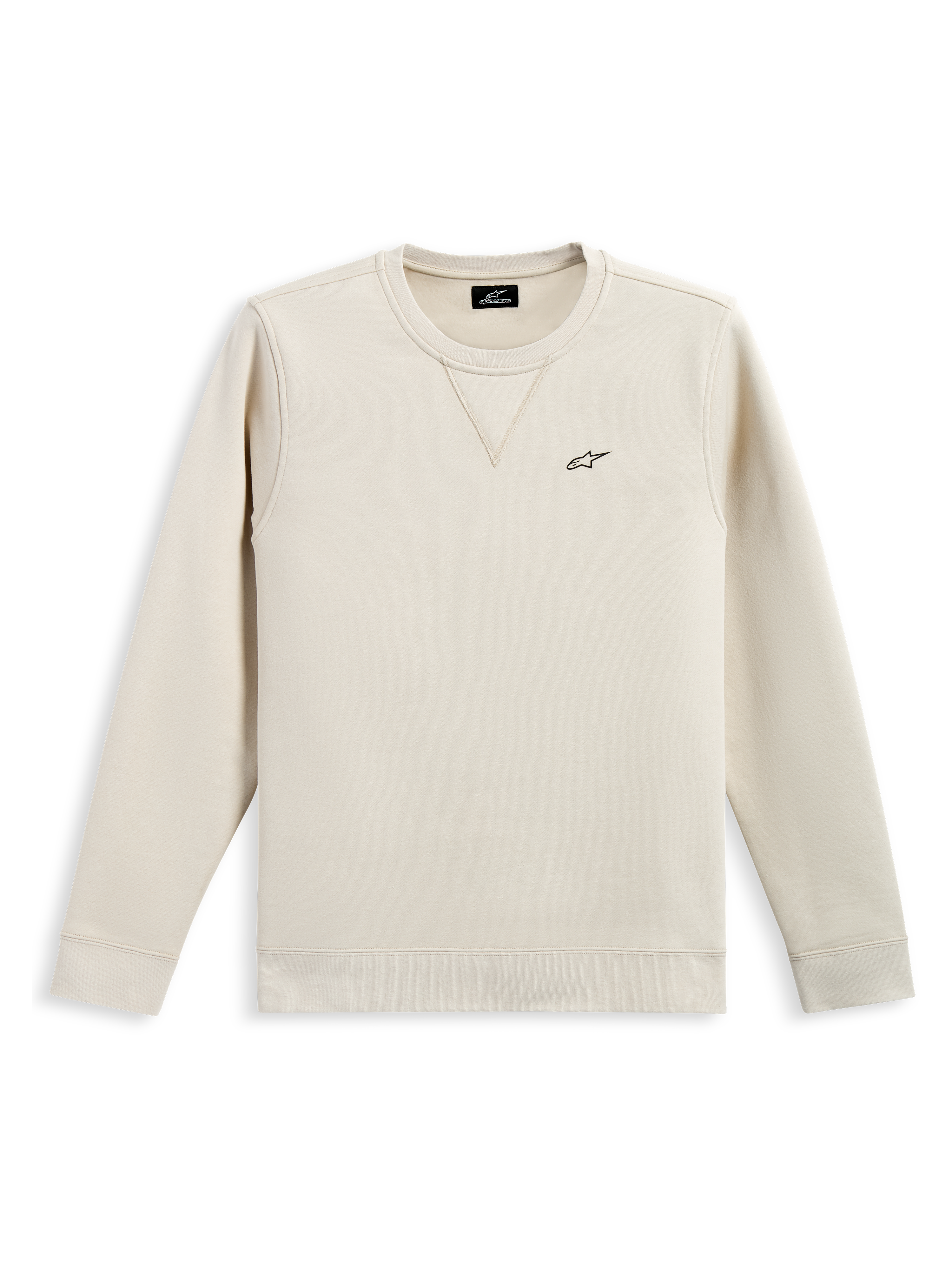 Alpinestars Positive Crew, sweat à col rond, blanc cassé, petit logo Alpinestars noir sur la poitrine, col côtelé avec détail de couture en V, poignets et ourlet côtelés, streetwear décontracté inspiré des sports mécaniques