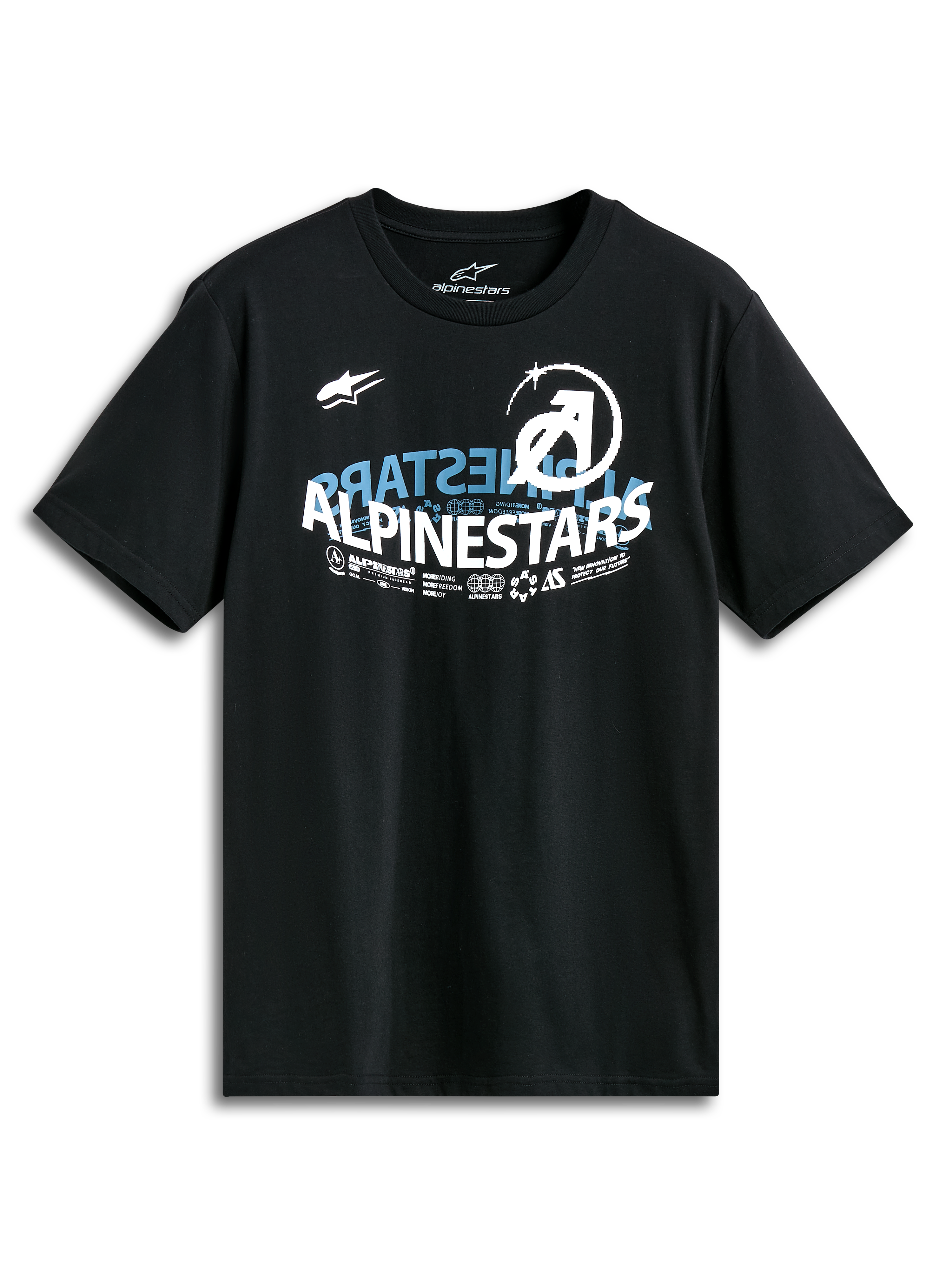 T-shirt Alpinestars Semicircle CSF, t-shirt à manches courtes, noir, graphique Alpinestars semi-circulaire incurvé à l'avant avec des accents bleu et blanc, design décontracté inspiré du sport automobile