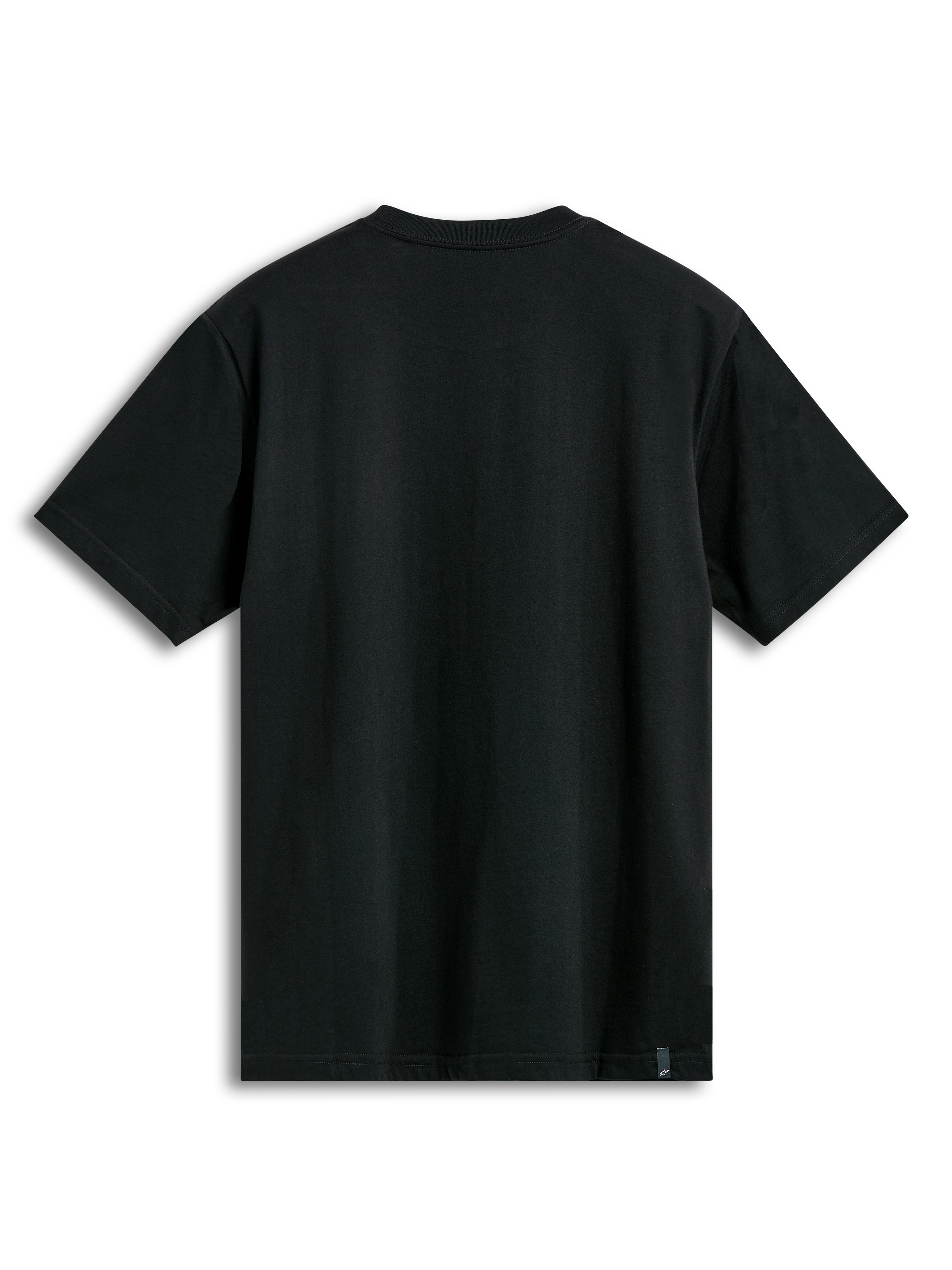T-shirt Alpinestars Semicircle CSF, t-shirt à manches courtes, noir, vue de dos montrant le tissu uni et une petite étiquette de la marque sur l'ourlet inférieur, style streetwear décontracté sport automobile