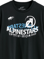 T-shirt Alpinestars Semicircle CSF, t-shirt à manches courtes, noir, avec un graphique Alpinestars incurvé complexe blanc et bleu, icônes techniques et slogans, streetwear motorsport décontracté