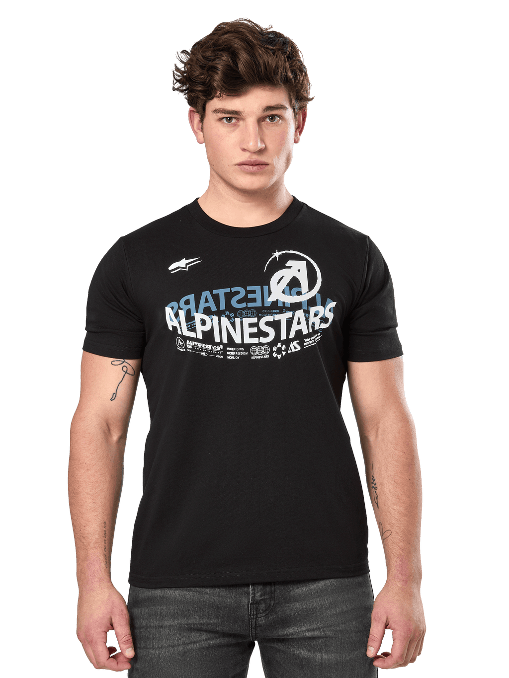 Alpinestars Semicircle CSF Tee, t-shirt à manches courtes, noir, graphique semi-circulaire incurvé Alpinestars blanc et bleu sur la poitrine, style streetwear décontracté motorsport