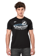 Alpinestars Semicircle CSF Tee, t-shirt à manches courtes, noir, graphique semi-circulaire incurvé Alpinestars blanc et bleu sur la poitrine, style streetwear décontracté motorsport