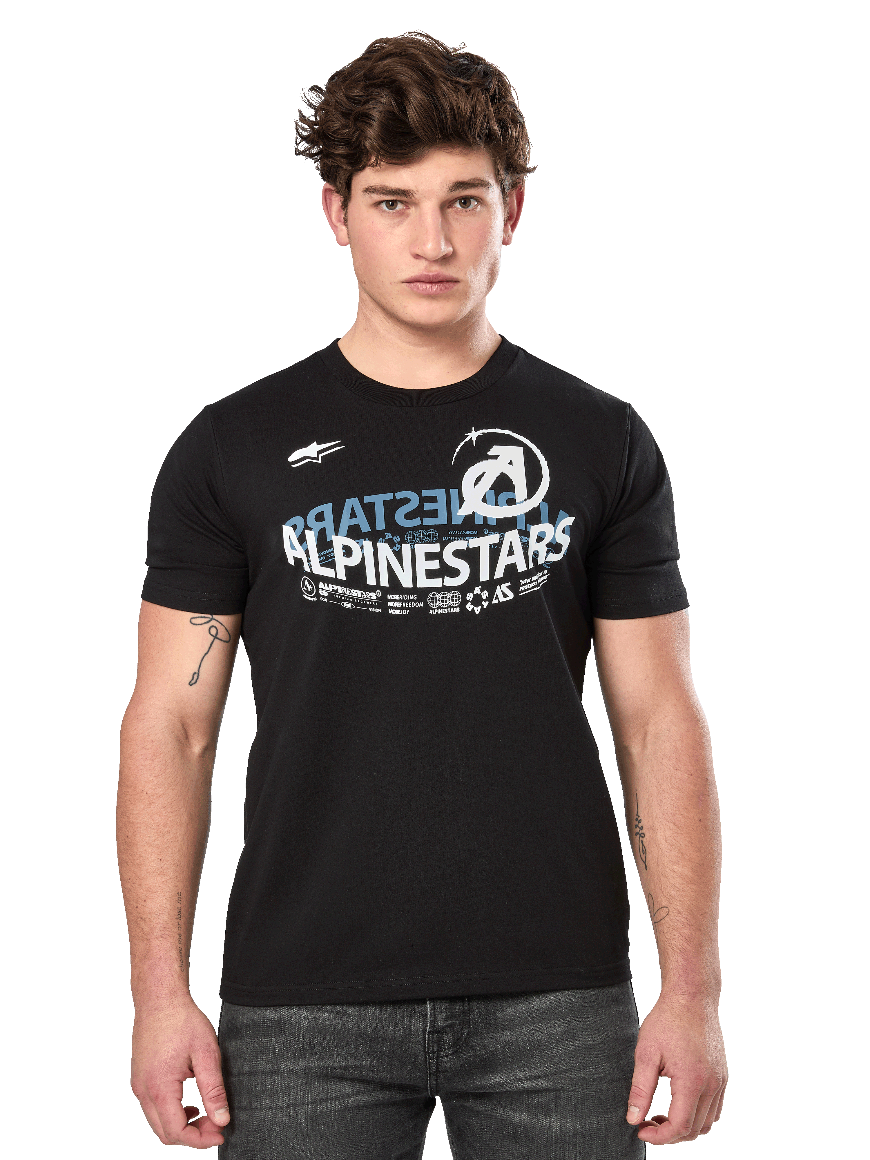 Alpinestars Semicircle CSF Tee, t-shirt à manches courtes, noir, graphique semi-circulaire incurvé Alpinestars blanc et bleu sur la poitrine, style streetwear décontracté motorsport