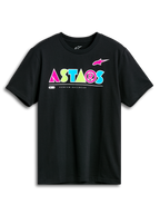 T-shirt Alpinestars Cereal CSF, t-shirt à manches courtes, noir, logo ASTARS géométrique vibrant en rose, vert citron et bleu clair, streetwear décontracté motorsport