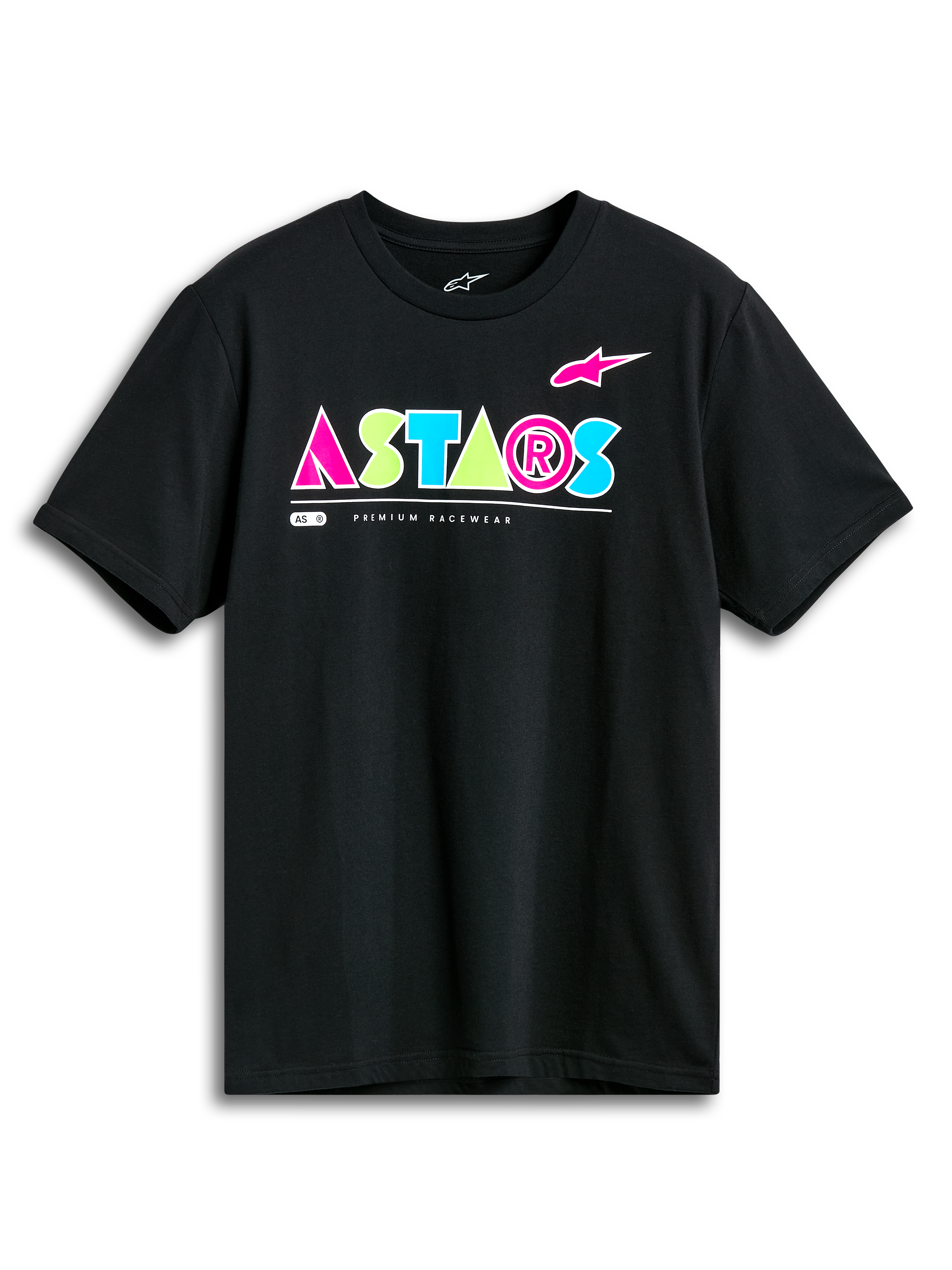 T-shirt Alpinestars Cereal CSF, t-shirt à manches courtes, noir, logo ASTARS géométrique vibrant en rose, vert citron et bleu clair, streetwear décontracté motorsport