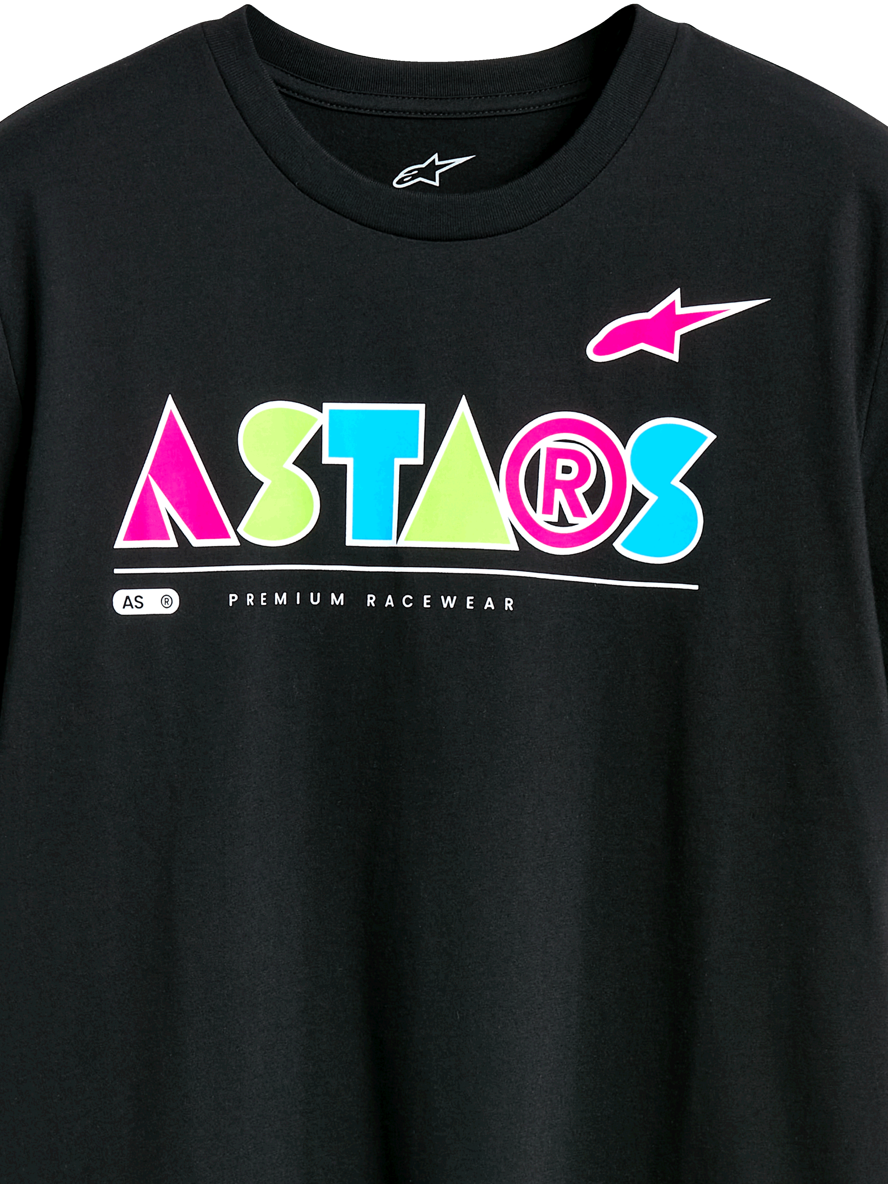 Alpinestars Cereal CSF Tee, t-shirt à manches courtes, noir, logo ASTARS géométrique et coloré avec accents rose, vert et bleu, texte Premium Racewear, streetwear décontracté de sport automobile