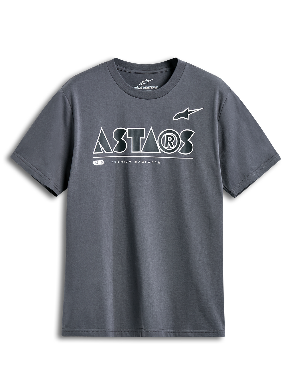 Alpinestars Cereal CSF Tee, t-shirt à manches courtes, gris anthracite, logo ASTARS géométrique blanc avec texte Premium Racewear, streetwear motorsport décontracté