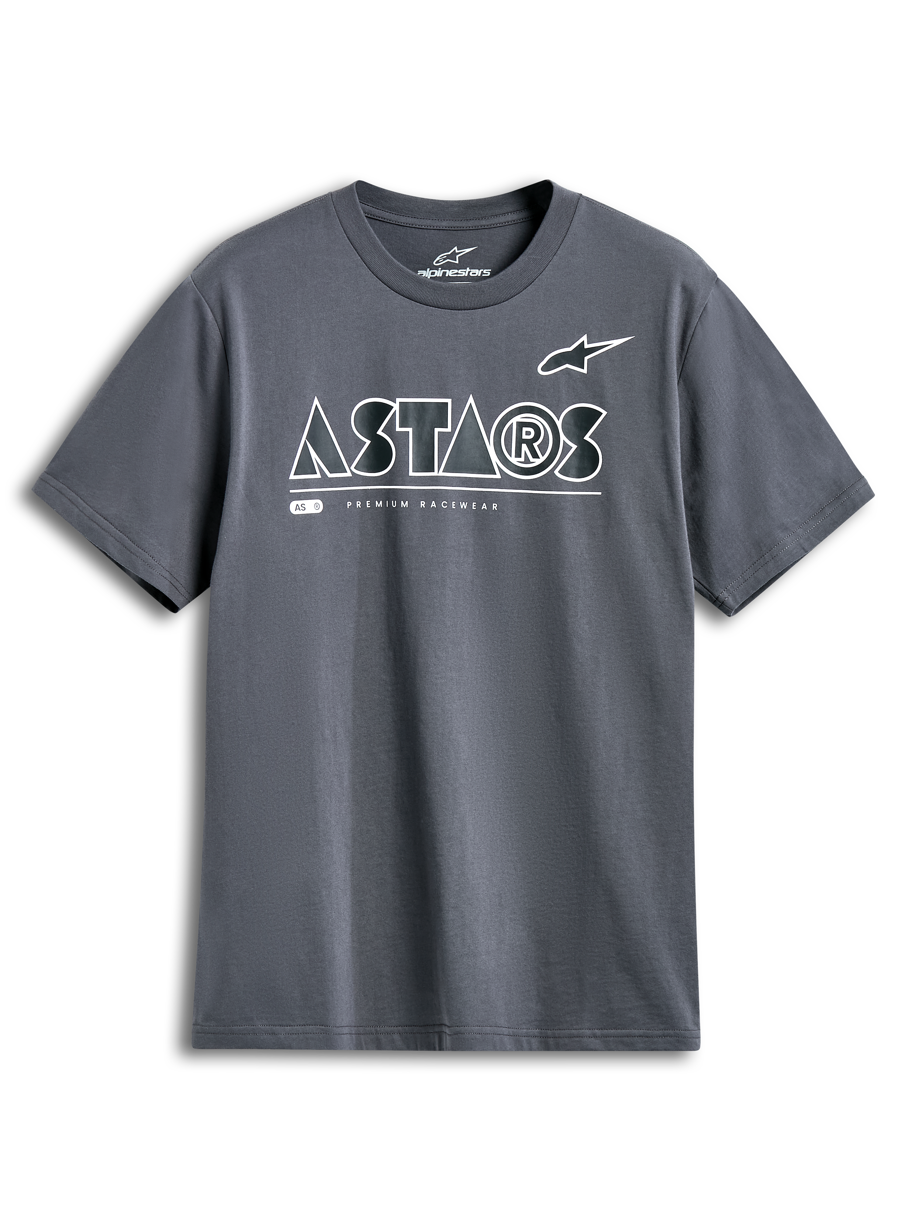 Alpinestars Cereal CSF Tee, t-shirt à manches courtes, gris anthracite, logo ASTARS géométrique blanc avec texte Premium Racewear, streetwear motorsport décontracté