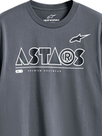 Alpinestars Cereal CSF Tee, t-shirt à manches courtes, anthracite, vue détaillée du graphisme sur la poitrine avec logo ASTARS géométrique blanc et slogan PREMIUM RACEWEAR, streetwear décontracté inspiré du sport automobile