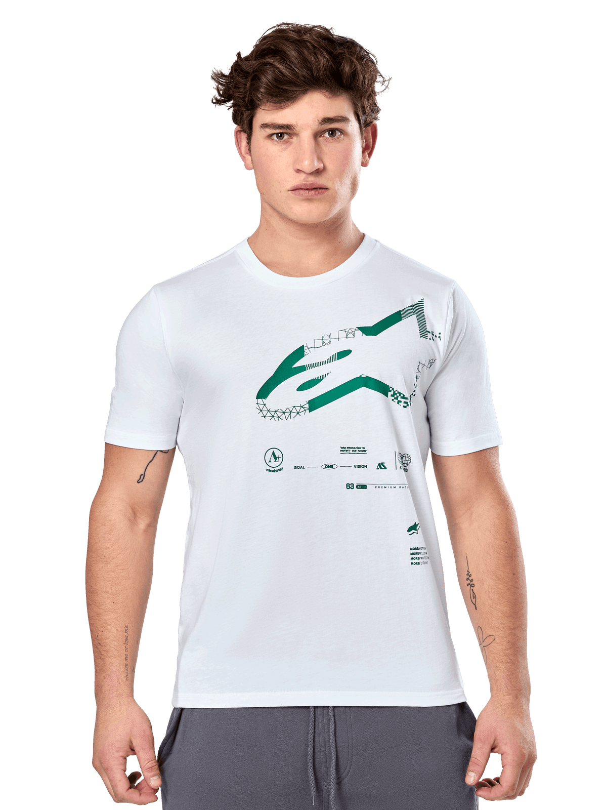 Alpinestars Geografica CSF Tee, t-shirt blanc à manches courtes avec graphique Astars multi-tech vert et symboles techniques, sportswear décontracté pour le sport automobile