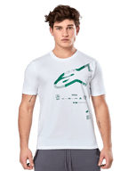 Alpinestars Geografica CSF Tee, White Short Sleeve T-Shirt with Green Multi-Tech Astars Graphic and Technical Symbols, Casual Motorsport Sportswear