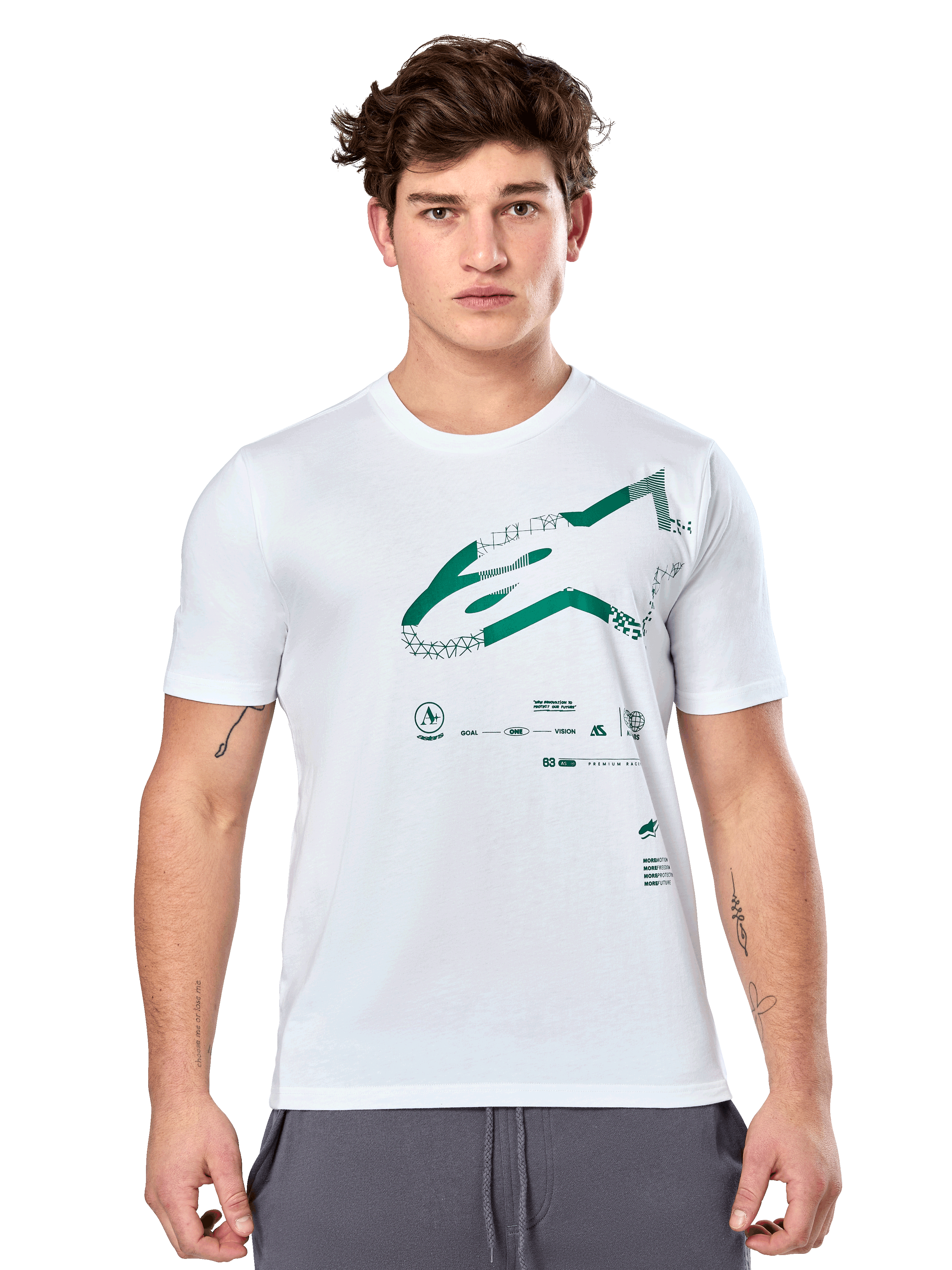 Alpinestars Geografica CSF Tee, t-shirt blanc à manches courtes avec graphique Astars multi-tech vert et symboles techniques, sportswear décontracté pour le sport automobile