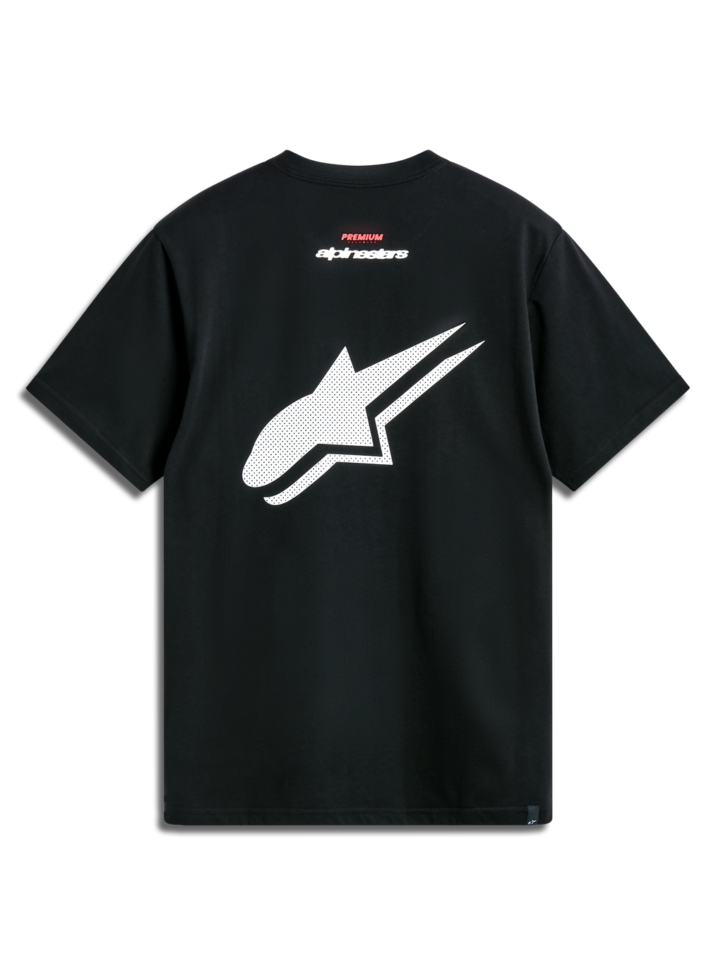 Alpinestars T-shirt Formulate CSF, t-shirt à manches courtes, noir, vue de dos avec un grand logo Astars blanc perforé et marquage textuel rouge et blanc, streetwear décontracté sport automobile